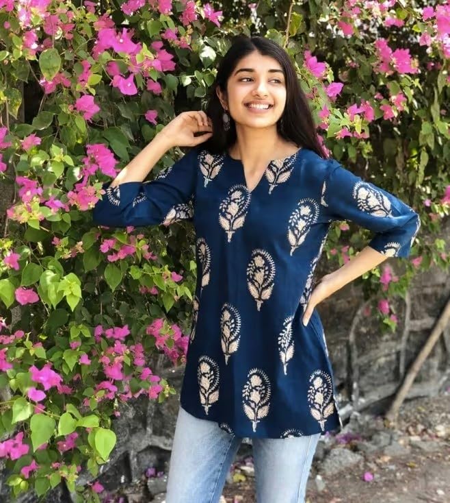 Women's Short Kurti in TOP Black Rayon Cotton Blend | Ladies Ethnic Tunic | Office