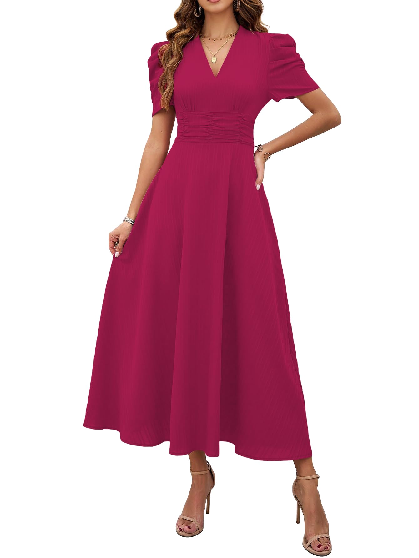 Shasmi Girl's & Women's Solid Color V-Neck A-Line Maxi Dress for Women | Waist Cinched Puff Sleeve Western | Elegant Casual Wear (Dress 246)