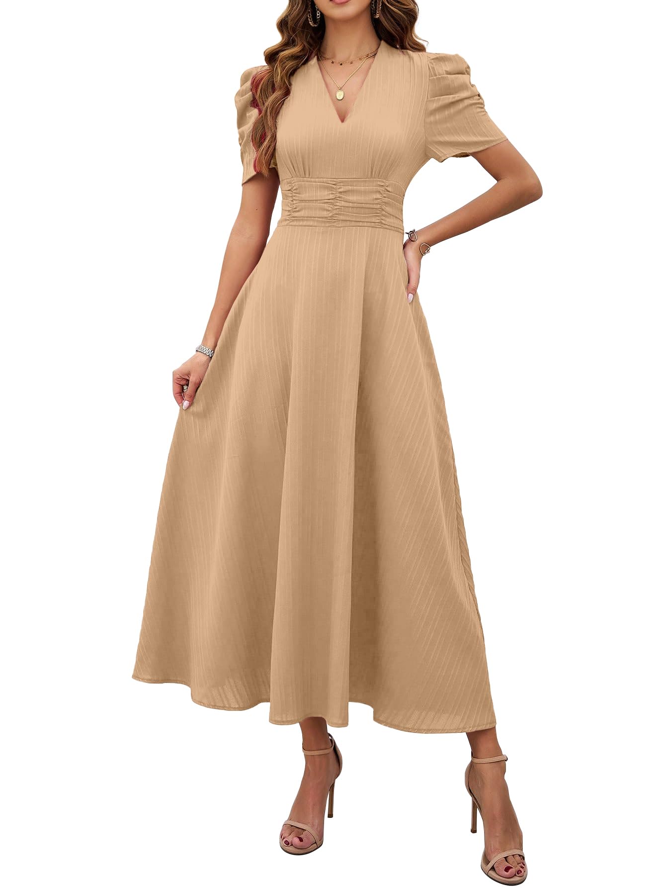 Shasmi Girl's & Women's Solid Color V-Neck A-Line Maxi Dress for Women | Waist Cinched Puff Sleeve Western | Elegant Casual Wear (Dress 246)