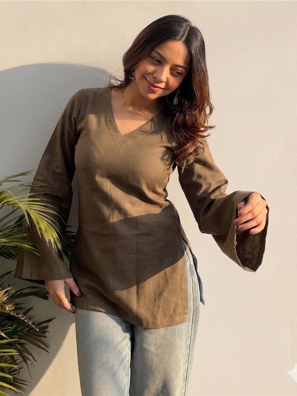 ANNI Designer Short Kurti for Women Latest Solid Design | V Neck Full Sleeve Kurti Tops for Women | Stylish Kurtis & Short Kurtis for Woman | Casual Kurti with Jeans | Kurtas for Woman