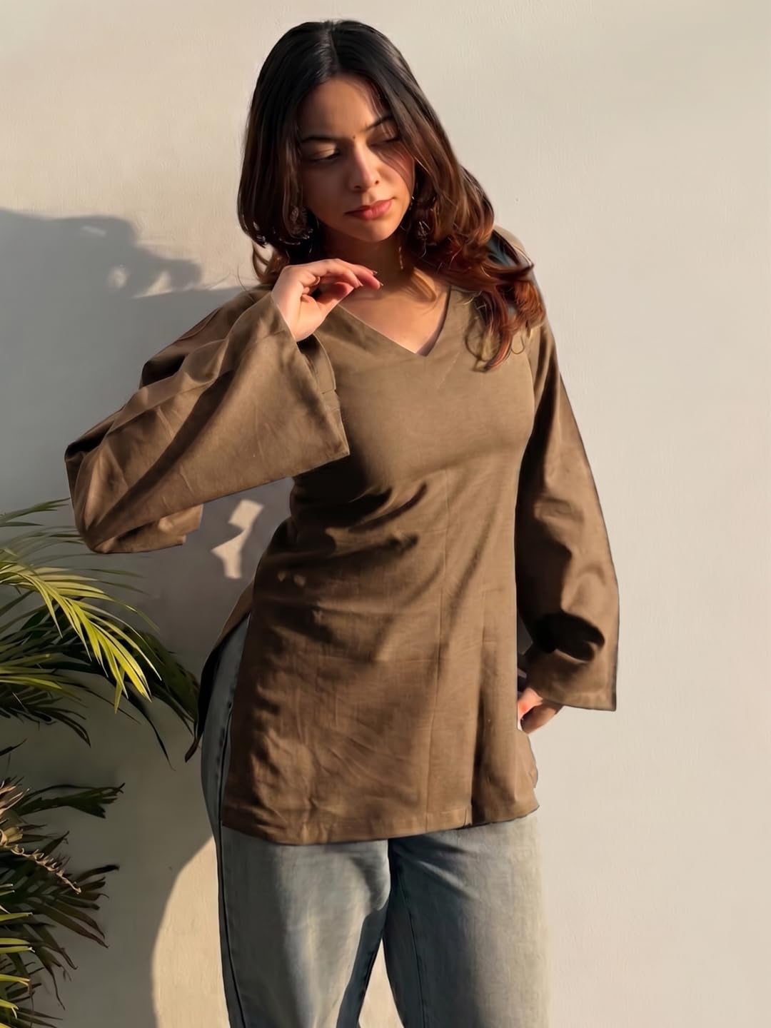 ANNI Designer Short Kurti for Women Latest Solid Design | V Neck Full Sleeve Kurti Tops for Women | Stylish Kurtis & Short Kurtis for Woman | Casual Kurti with Jeans | Kurtas for Woman