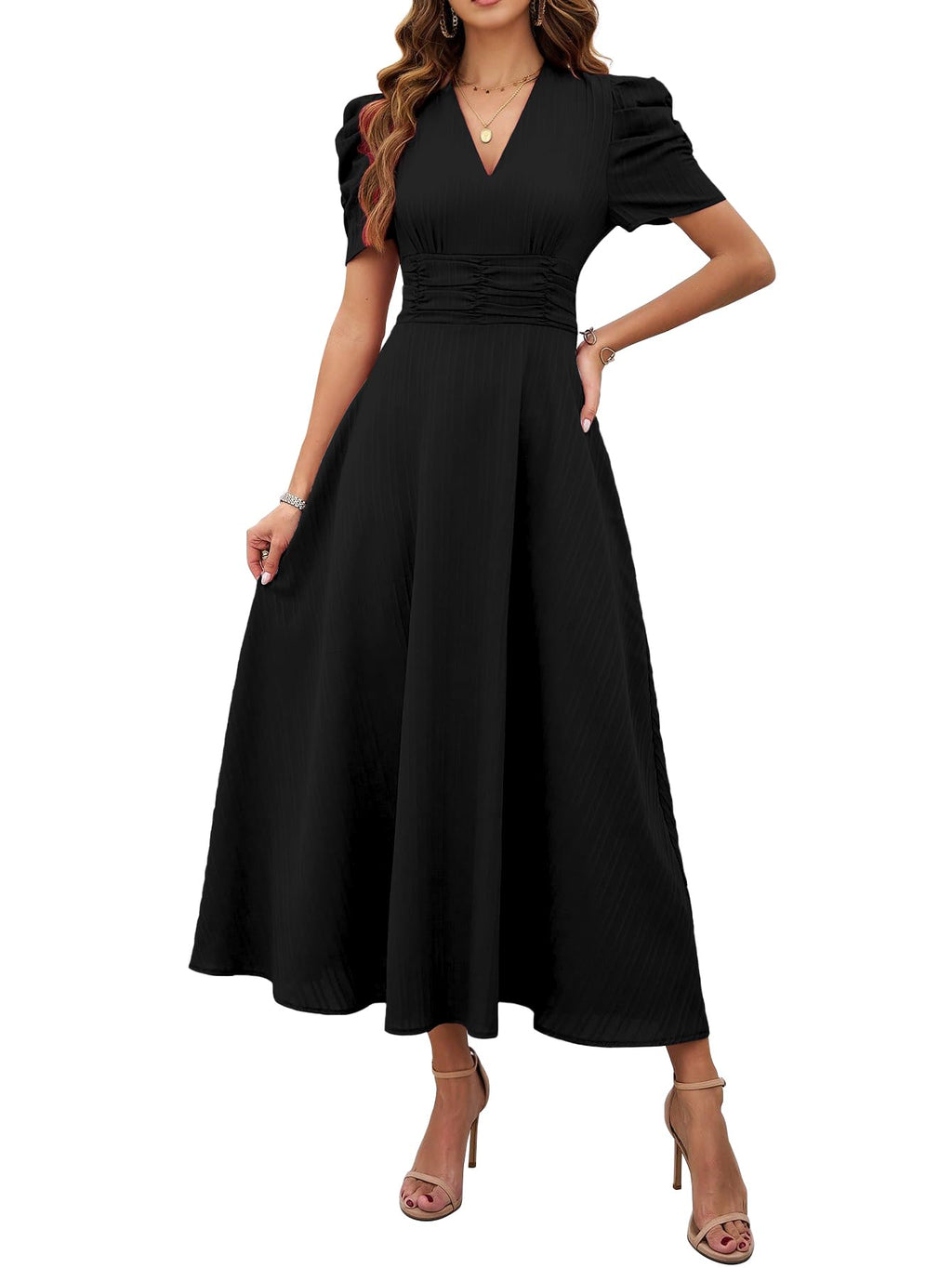 Shasmi Girl's & Women's Solid Color V-Neck A-Line Maxi Dress for Women | Waist Cinched Puff Sleeve Western | Elegant Casual Wear (Dress 246)