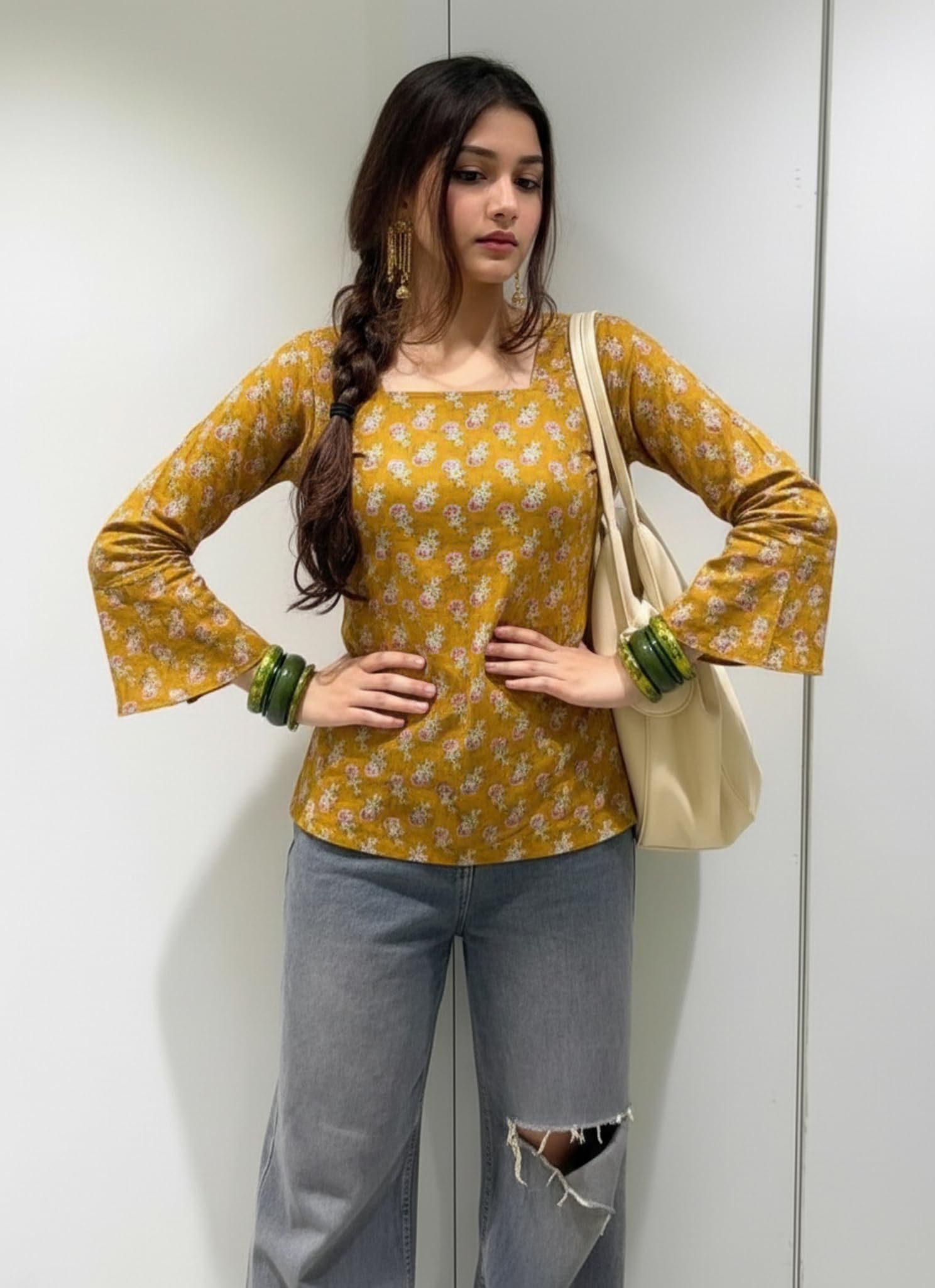ANNI Designer Women’s Viscose Blend Printed Short Kurti | Straight Fit Casual Ethnic Top | Square Neck Full Sleeve Kurta Office College