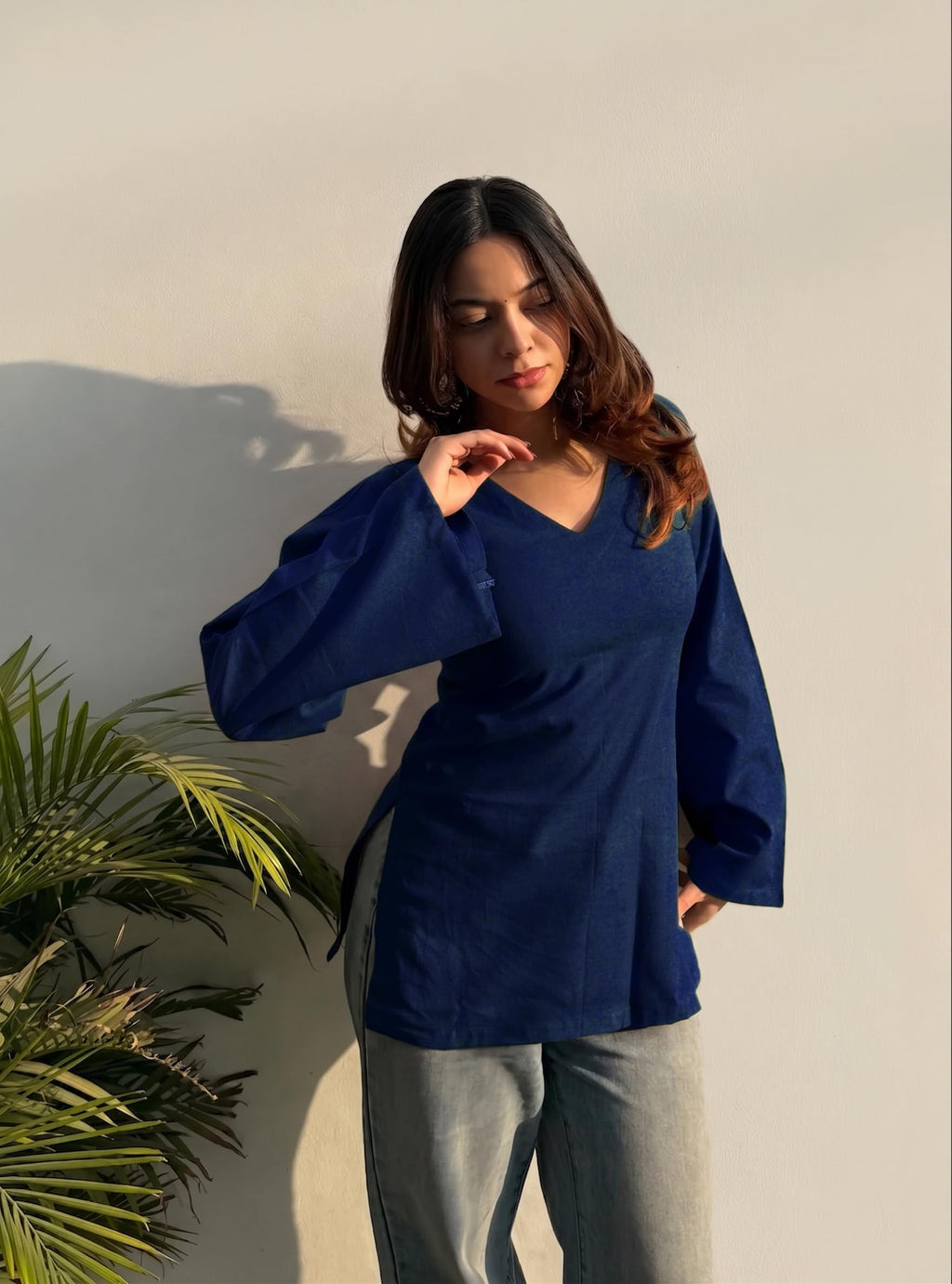 ANNI Designer Short Kurti for Women Latest Solid Design | V Neck Full Sleeve Kurti Tops for Women | Stylish Kurtis & Short Kurtis for Woman | Casual Kurti with Jeans | Kurtas for Woman
