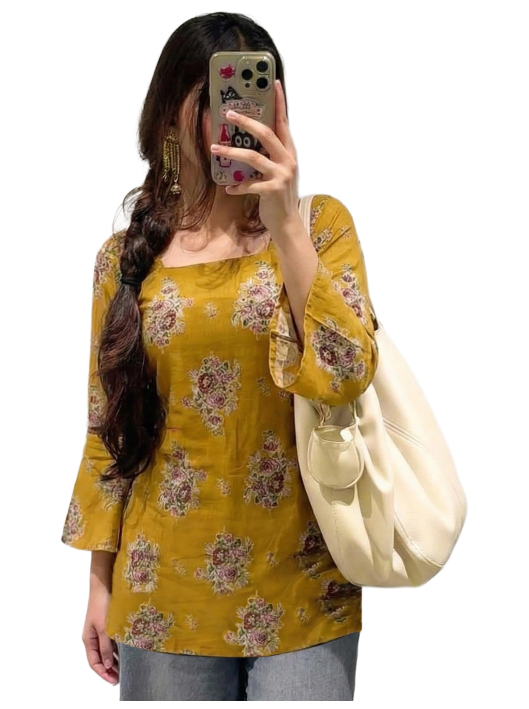 ANNI Designer Women’s Viscose Blend Printed Short Kurti | Straight Fit Casual Ethnic Top | Square Neck Full Sleeve Kurta Office College