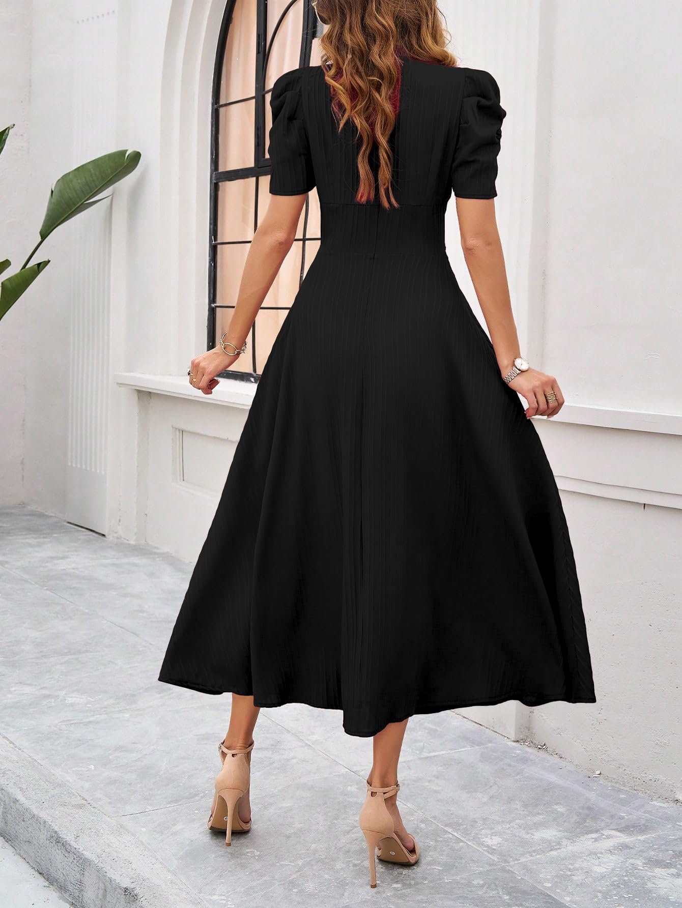 Shasmi Girl's & Women's Solid Color V-Neck A-Line Maxi Dress for Women | Waist Cinched Puff Sleeve Western | Elegant Casual Wear (Dress 246)