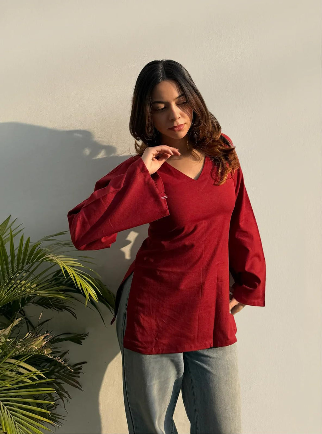 ANNI Designer Short Kurti for Women Latest Solid Design | V Neck Full Sleeve Kurti Tops for Women | Stylish Kurtis & Short Kurtis for Woman | Casual Kurti with Jeans | Kurtas for Woman