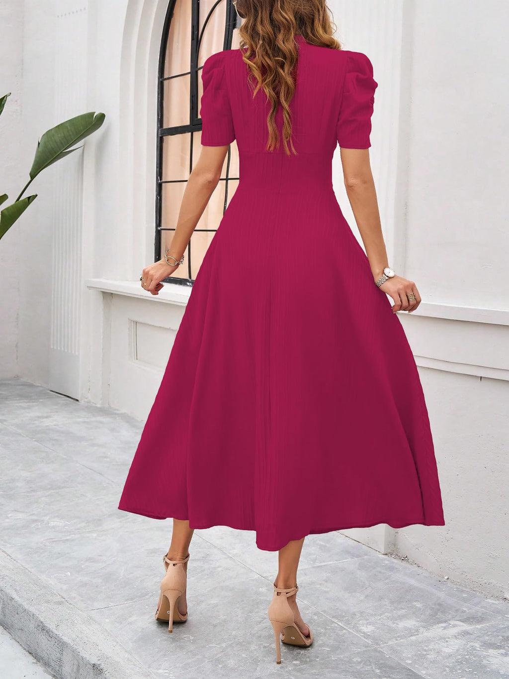 Shasmi Girl's & Women's Solid Color V-Neck A-Line Maxi Dress for Women | Waist Cinched Puff Sleeve Western | Elegant Casual Wear (Dress 246)