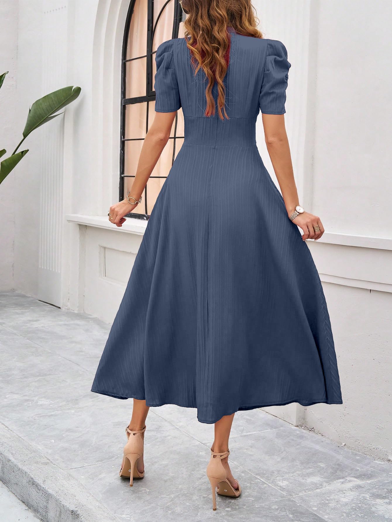 Shasmi Girl's & Women's Solid Color V-Neck A-Line Maxi Dress for Women | Waist Cinched Puff Sleeve Western | Elegant Casual Wear (Dress 246)