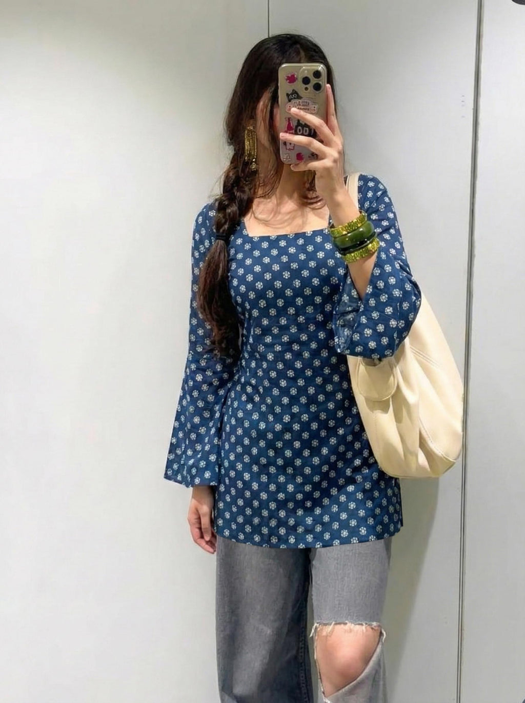 ANNI Designer Women’s Viscose Blend Printed Short Kurti | Straight Fit Casual Ethnic Top | Square Neck Full Sleeve Kurta Office College