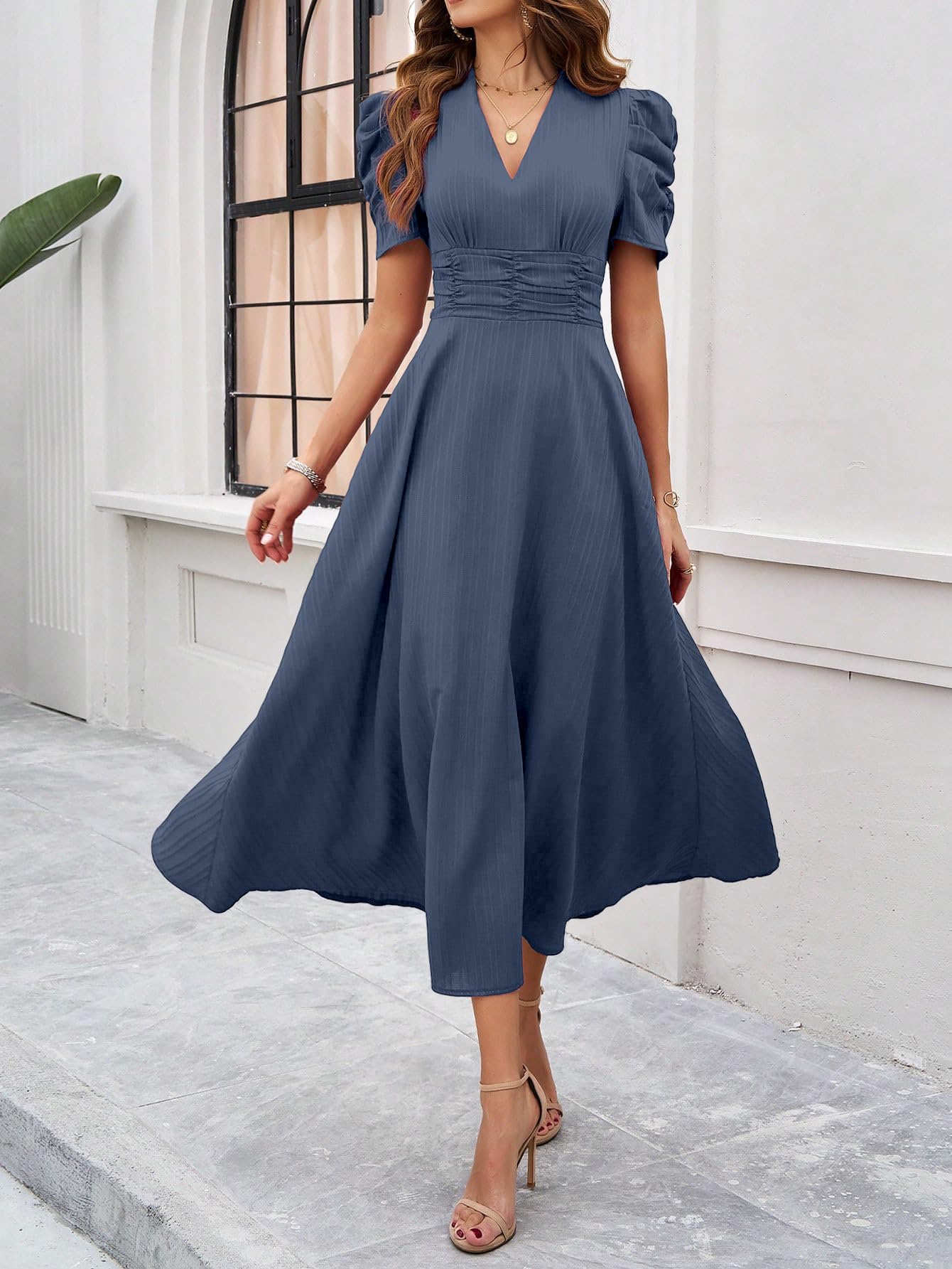 Shasmi Girl's & Women's Solid Color V-Neck A-Line Maxi Dress for Women | Waist Cinched Puff Sleeve Western | Elegant Casual Wear (Dress 246)