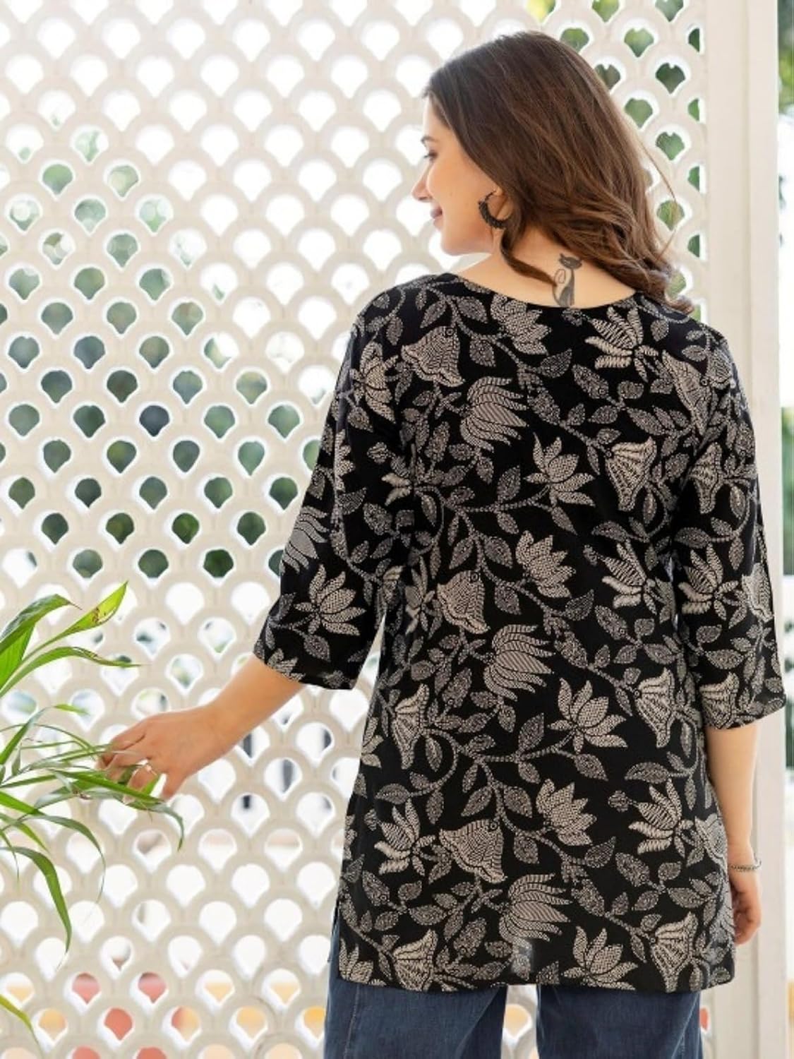 Women's Short Kurti in TOP Black Rayon Cotton Blend | Ladies Ethnic Tunic | Office
