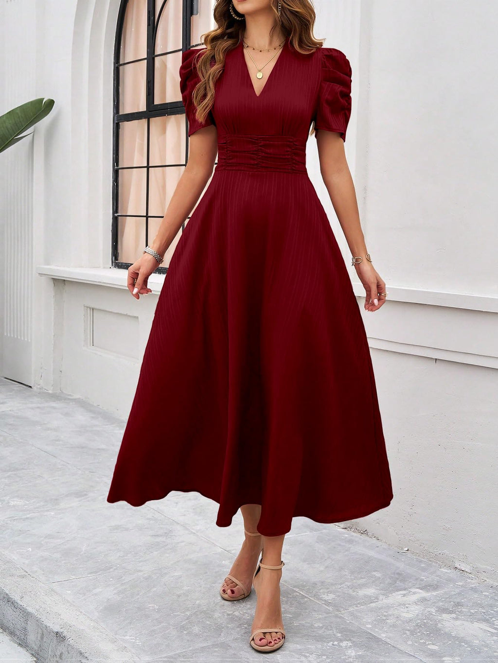 Shasmi Girl's & Women's Solid Color V-Neck A-Line Maxi Dress for Women | Waist Cinched Puff Sleeve Western | Elegant Casual Wear (Dress 246)