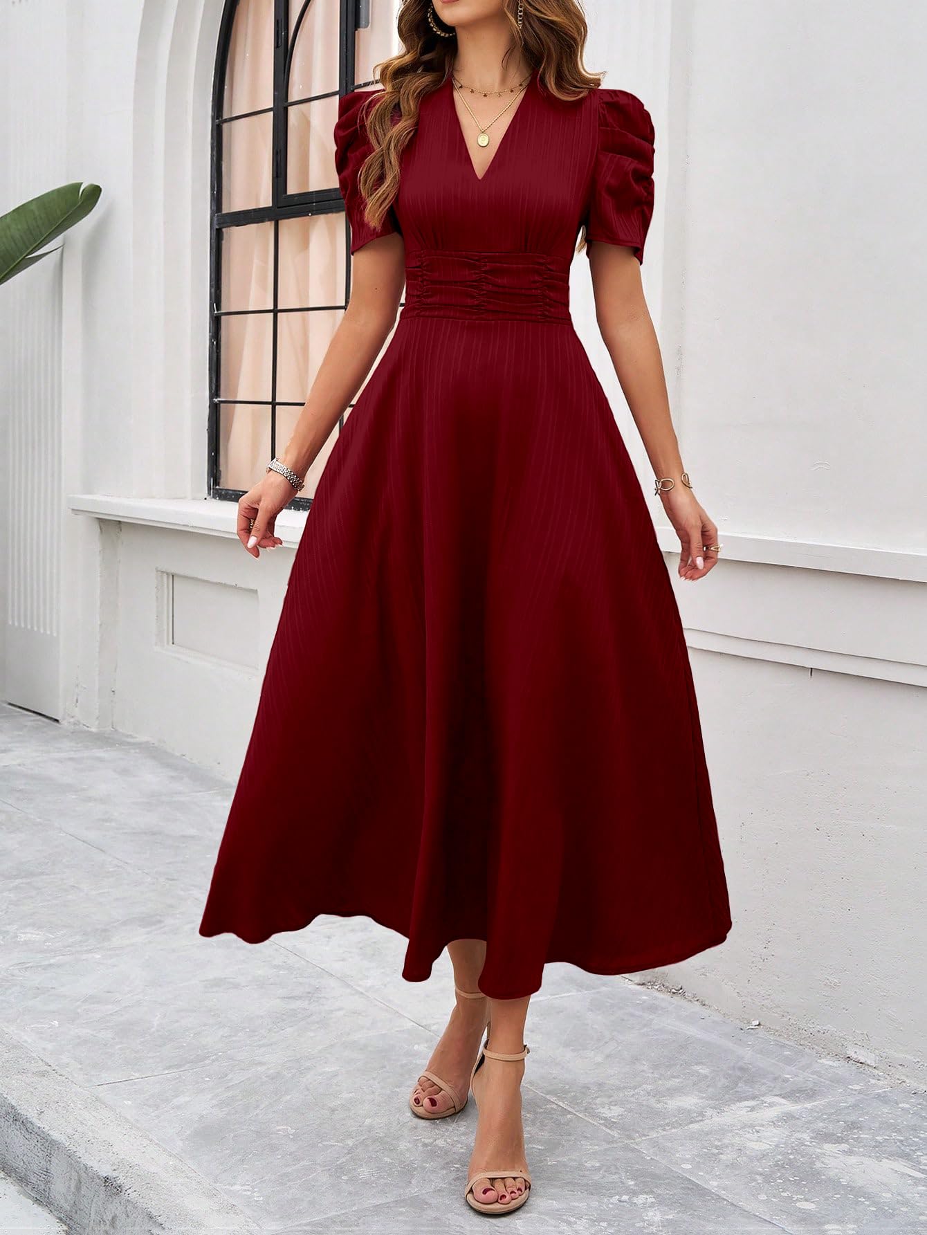 Shasmi Girl's & Women's Solid Color V-Neck A-Line Maxi Dress for Women | Waist Cinched Puff Sleeve Western | Elegant Casual Wear (Dress 246)