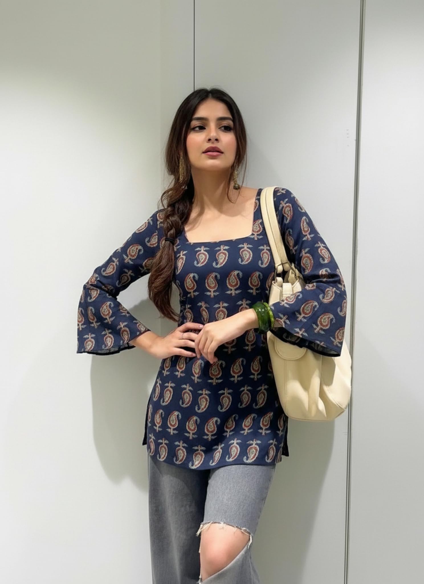 ANNI Designer Women’s Viscose Blend Printed Short Kurti | Straight Fit Casual Ethnic Top | Square Neck Full Sleeve Kurta Office College