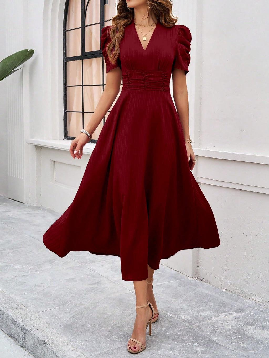 Shasmi Girl's & Women's Solid Color V-Neck A-Line Maxi Dress for Women | Waist Cinched Puff Sleeve Western | Elegant Casual Wear (Dress 246)