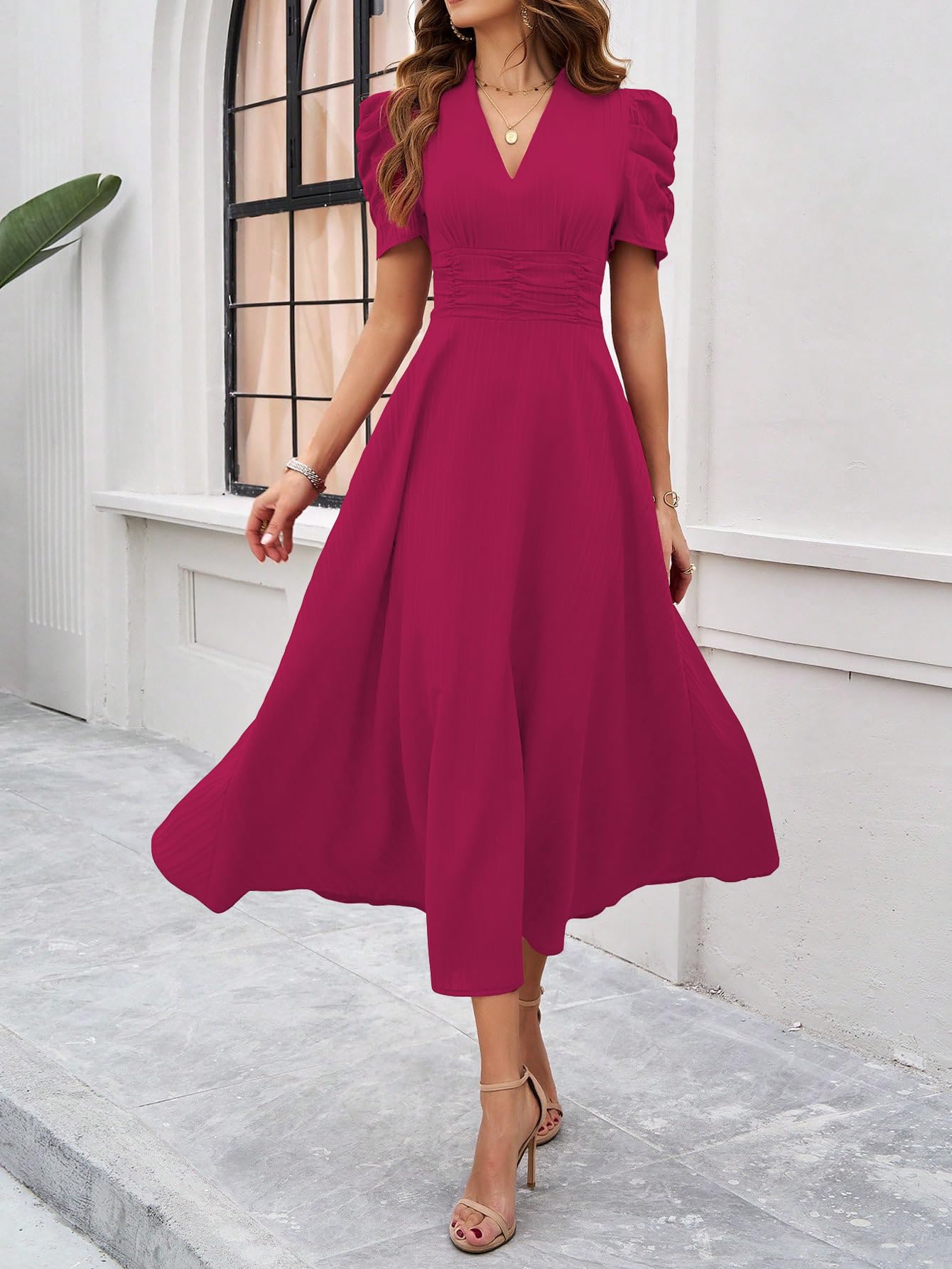 Shasmi Girl's & Women's Solid Color V-Neck A-Line Maxi Dress for Women | Waist Cinched Puff Sleeve Western | Elegant Casual Wear (Dress 246)