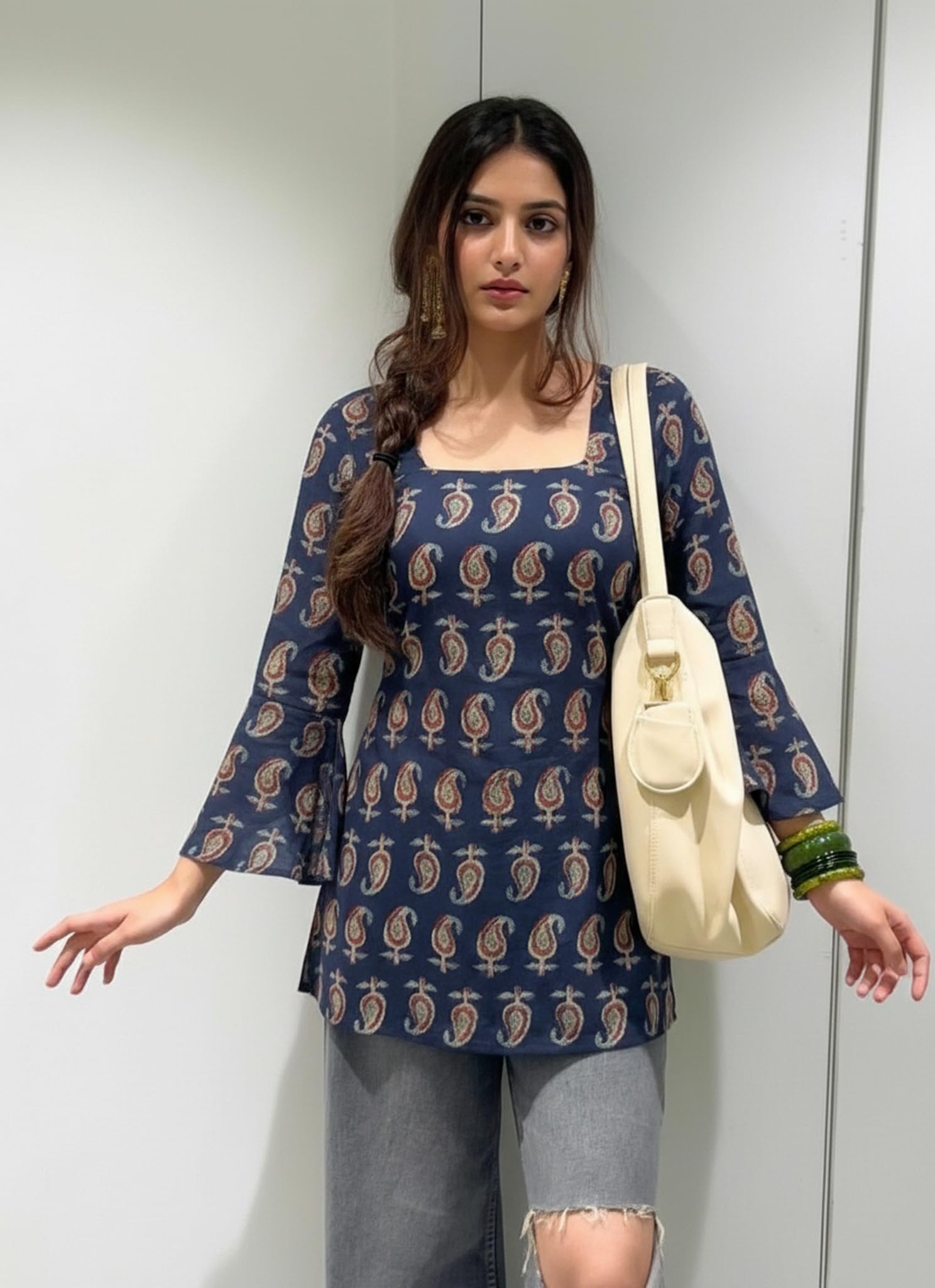 ANNI Designer Women’s Viscose Blend Printed Short Kurti | Straight Fit Casual Ethnic Top | Square Neck Full Sleeve Kurta Office College
