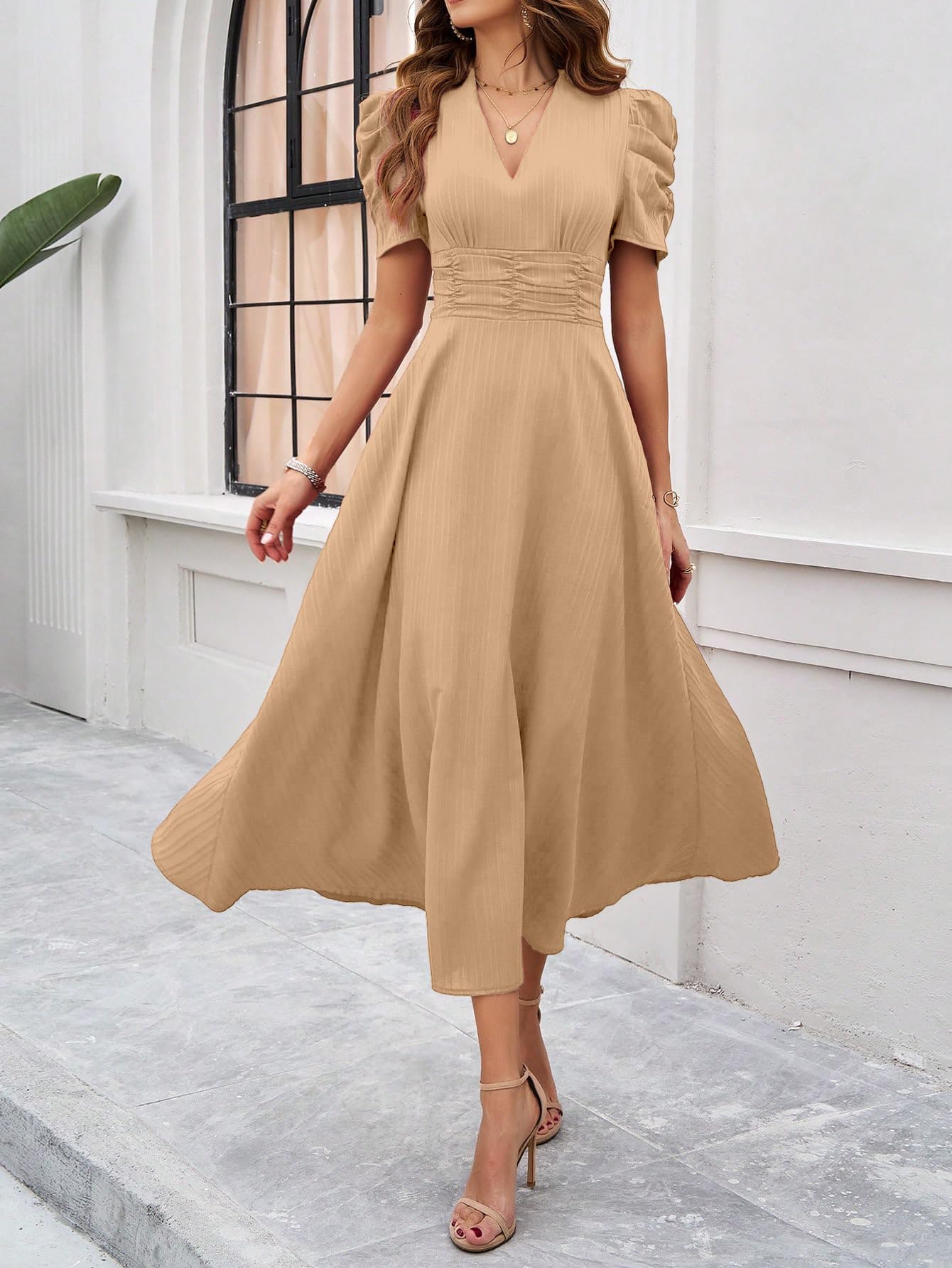 Shasmi Girl's & Women's Solid Color V-Neck A-Line Maxi Dress for Women | Waist Cinched Puff Sleeve Western | Elegant Casual Wear (Dress 246)