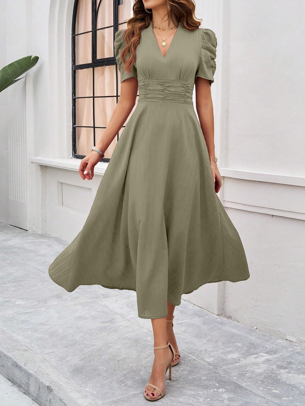 Shasmi Girl's & Women's Solid Color V-Neck A-Line Maxi Dress for Women | Waist Cinched Puff Sleeve Western | Elegant Casual Wear (Dress 246)
