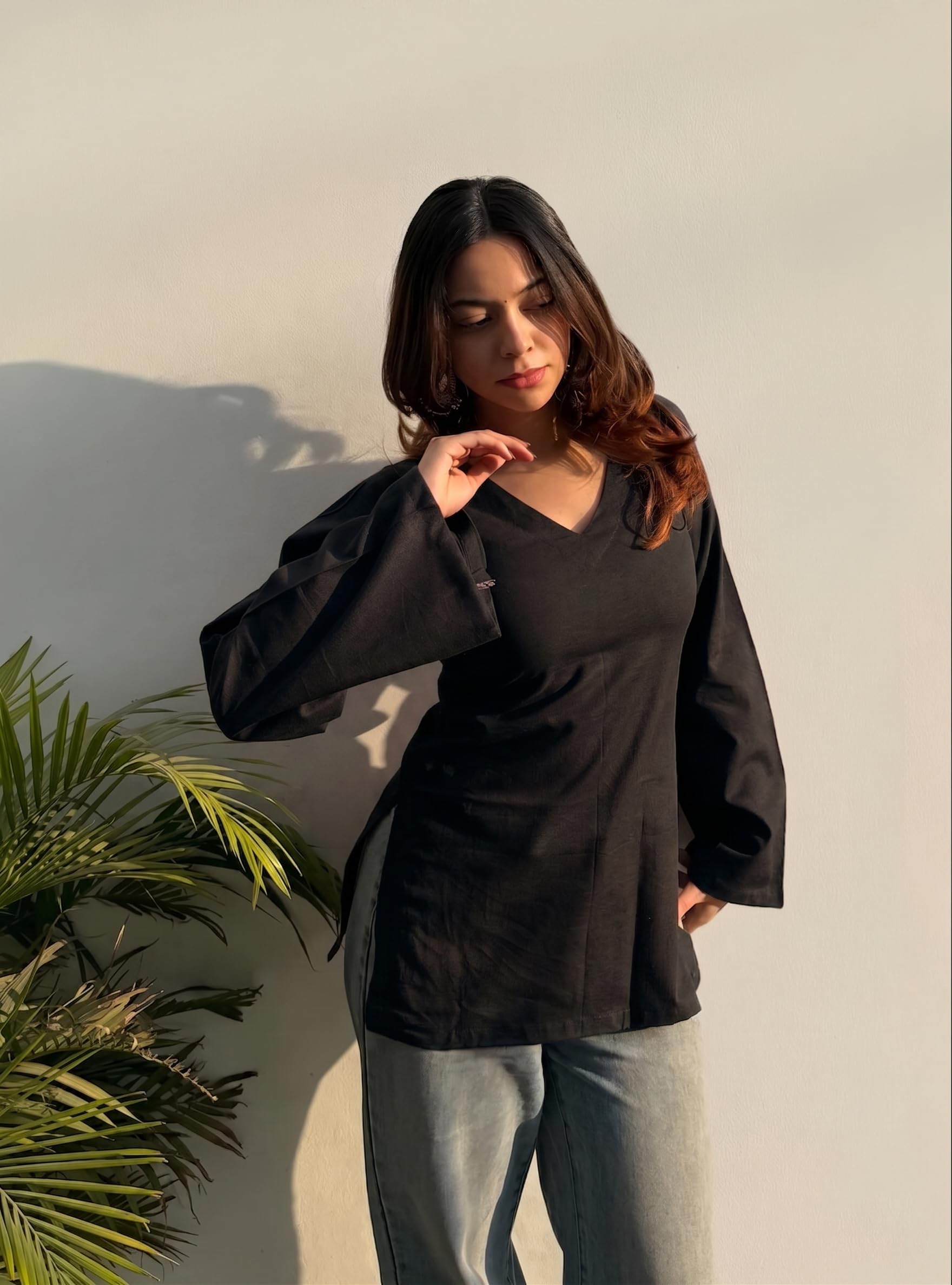 ANNI Designer Short Kurti for Women Latest Solid Design | V Neck Full Sleeve Kurti Tops for Women | Stylish Kurtis & Short Kurtis for Woman | Casual Kurti with Jeans | Kurtas for Woman