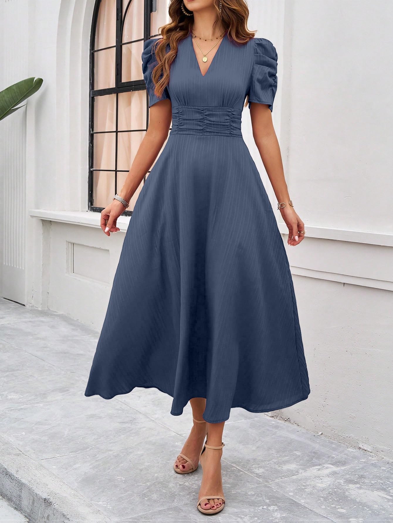 Shasmi Girl's & Women's Solid Color V-Neck A-Line Maxi Dress for Women | Waist Cinched Puff Sleeve Western | Elegant Casual Wear (Dress 246)