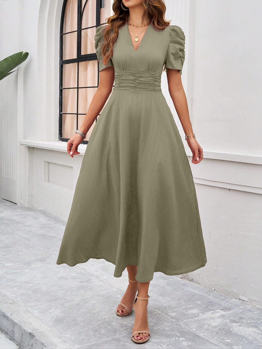 Shasmi Girl's & Women's Solid Color V-Neck A-Line Maxi Dress for Women | Waist Cinched Puff Sleeve Western | Elegant Casual Wear (Dress 246)