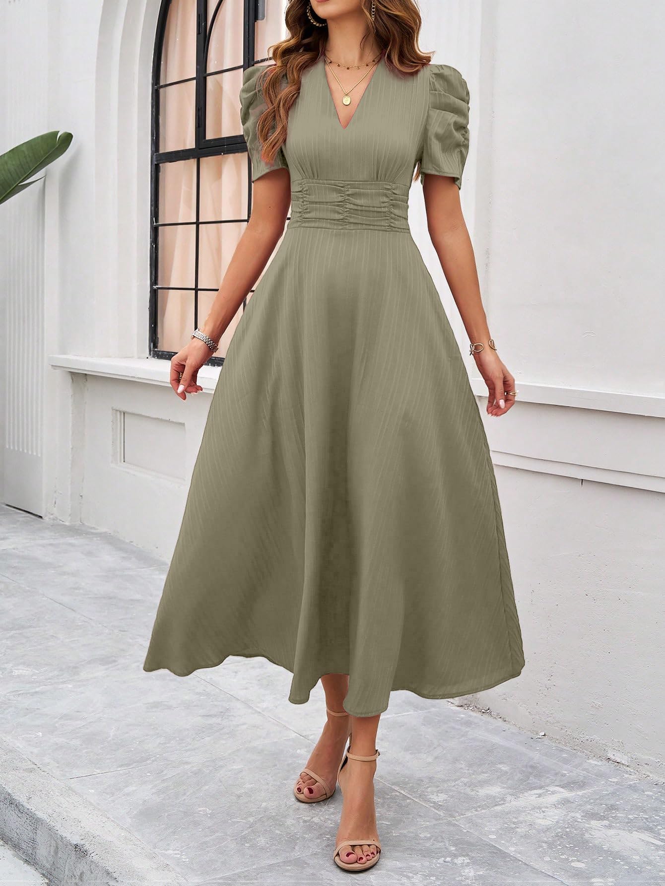 Shasmi Girl's & Women's Solid Color V-Neck A-Line Maxi Dress for Women | Waist Cinched Puff Sleeve Western | Elegant Casual Wear (Dress 246)
