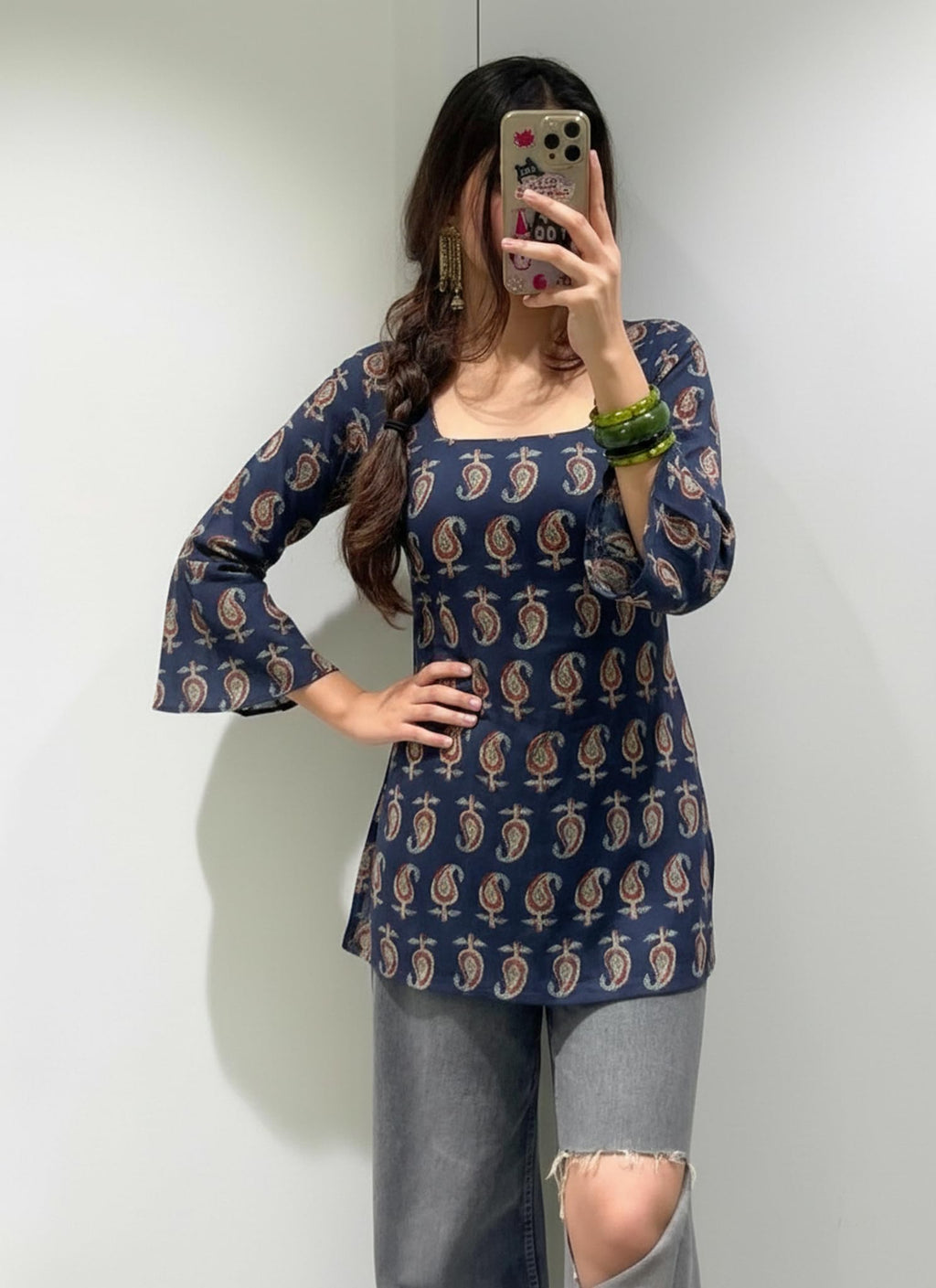 ANNI Designer Women’s Viscose Blend Printed Short Kurti | Straight Fit Casual Ethnic Top | Square Neck Full Sleeve Kurta Office College
