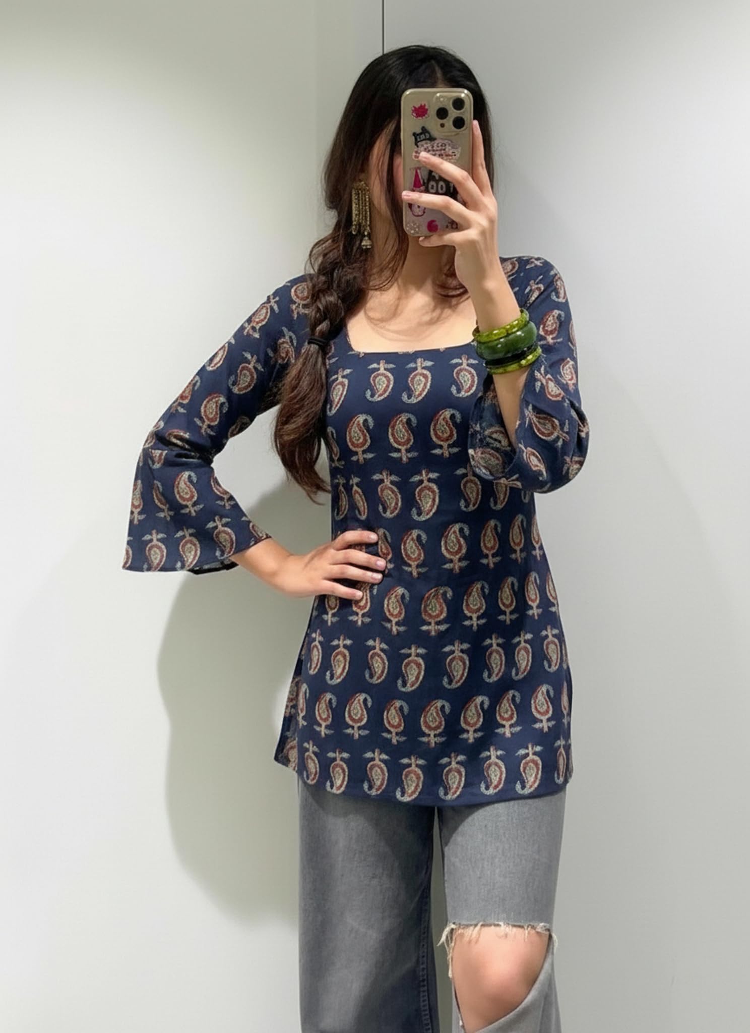ANNI Designer Women’s Viscose Blend Printed Short Kurti | Straight Fit Casual Ethnic Top | Square Neck Full Sleeve Kurta Office College