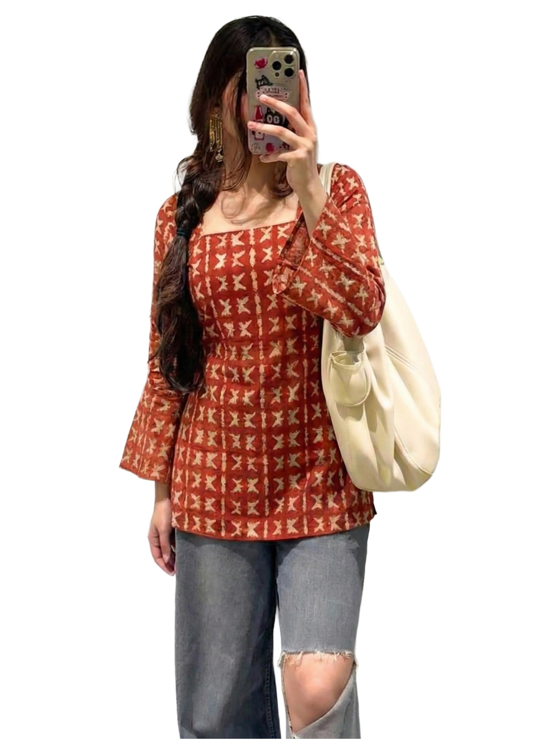 ANNI Designer Women’s Viscose Blend Printed Short Kurti | Straight Fit Casual Ethnic Top | Square Neck Full Sleeve Kurta Office College