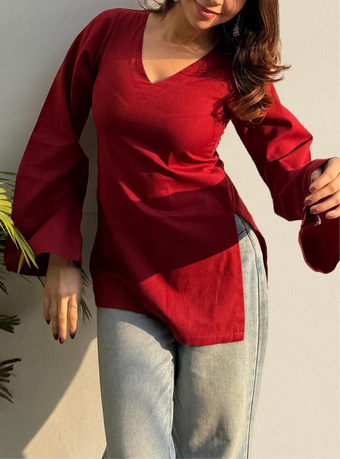 ANNI Designer Short Kurti for Women Latest Solid Design | V Neck Full Sleeve Kurti Tops for Women | Stylish Kurtis & Short Kurtis for Woman | Casual Kurti with Jeans | Kurtas for Woman
