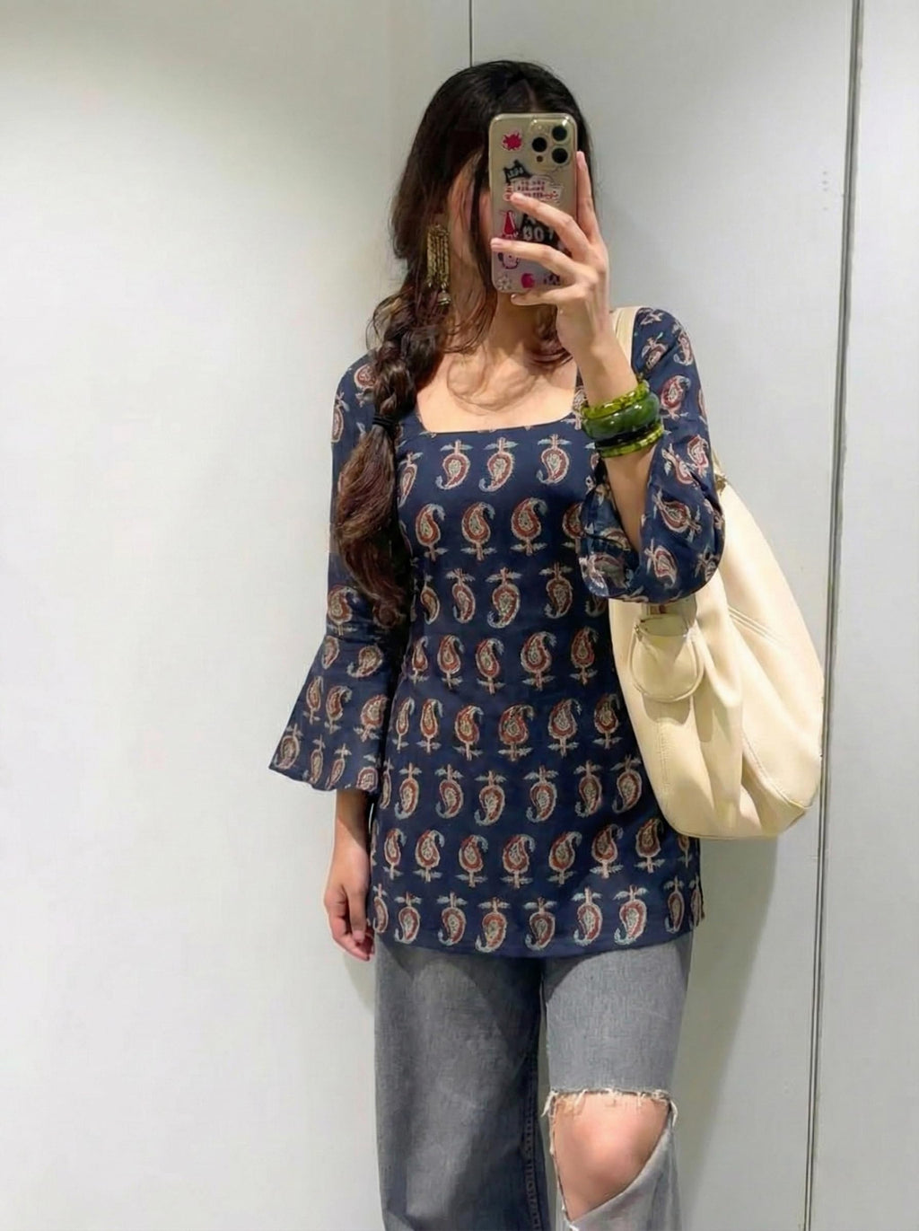 ANNI Designer Women’s Viscose Blend Printed Short Kurti | Straight Fit Casual Ethnic Top | Square Neck Full Sleeve Kurta Office College