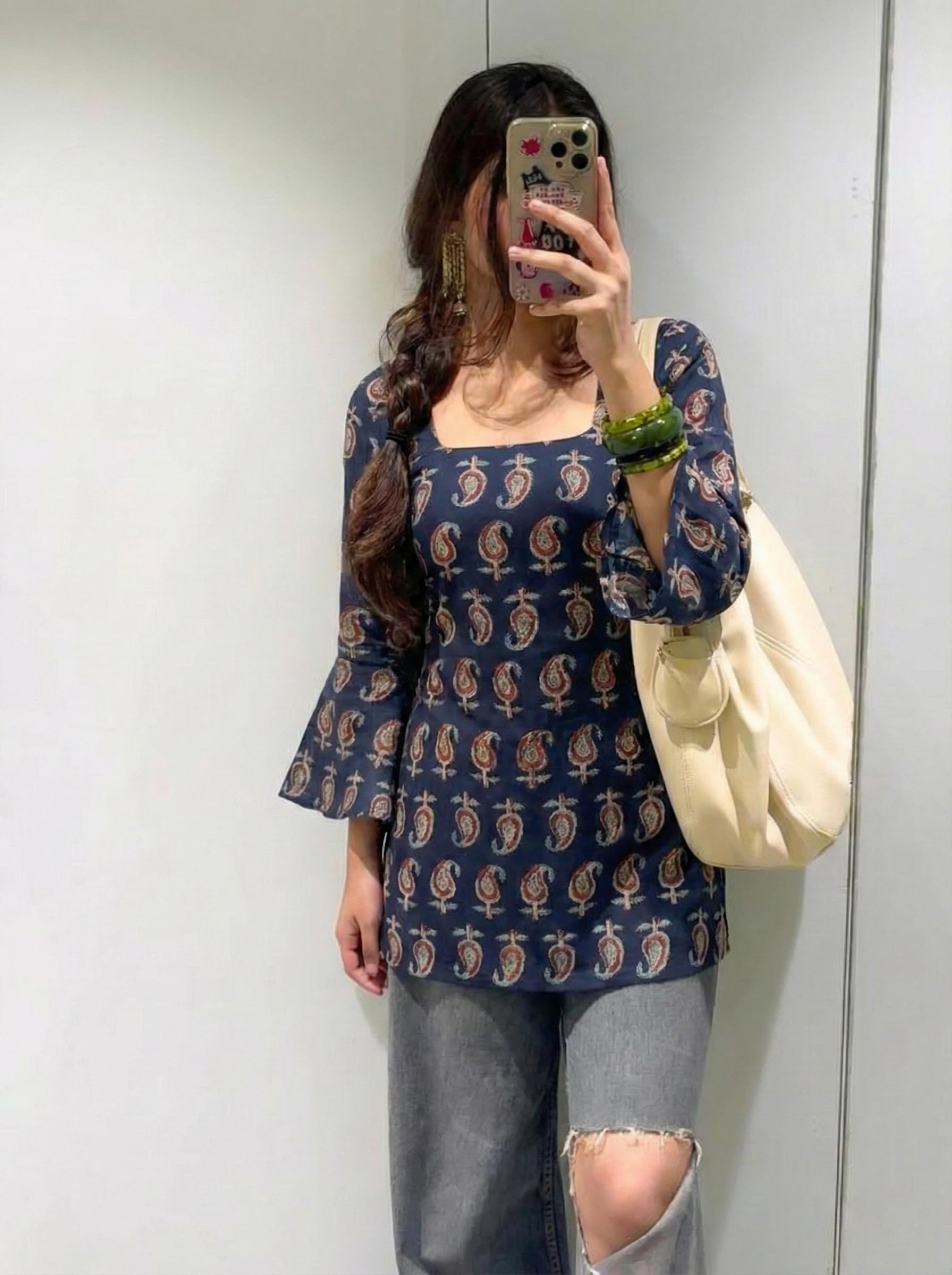 ANNI Designer Women’s Viscose Blend Printed Short Kurti | Straight Fit Casual Ethnic Top | Square Neck Full Sleeve Kurta Office College