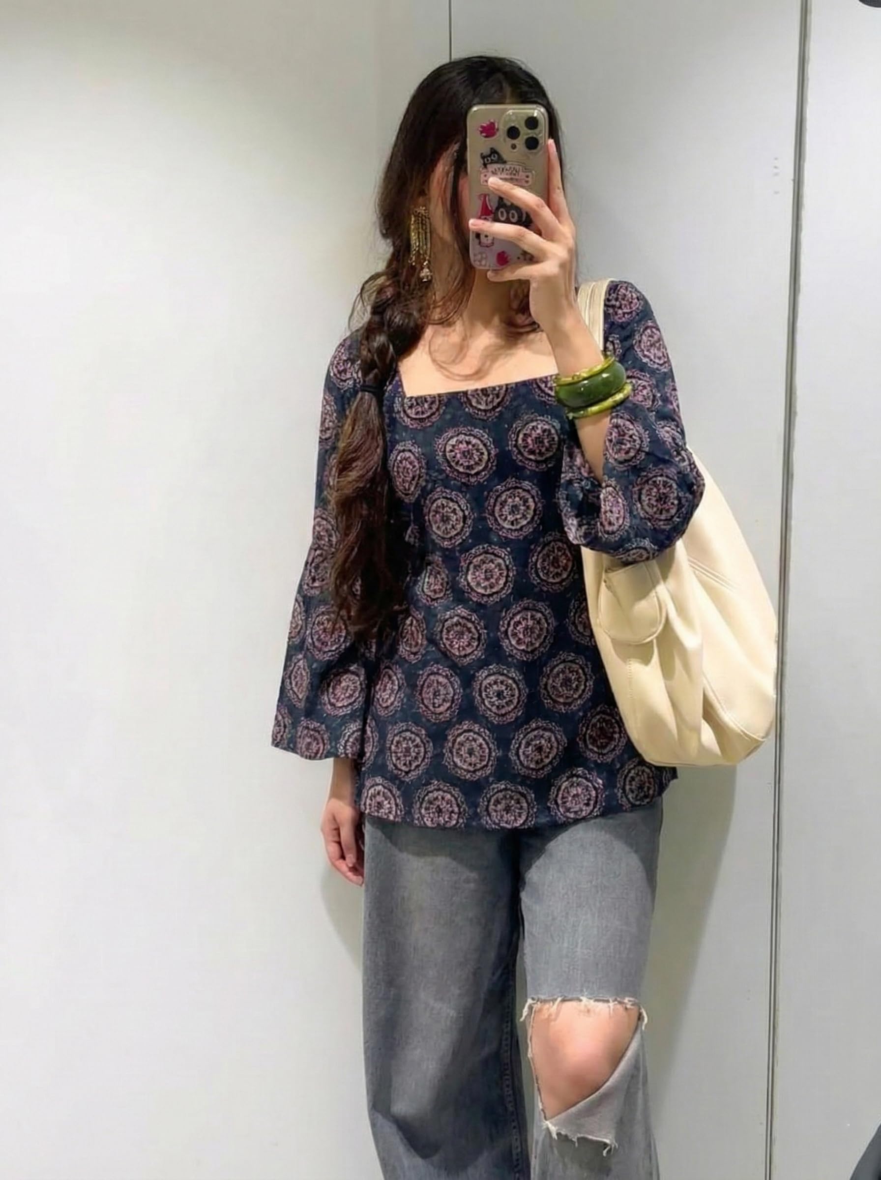 ANNI Designer Women’s Viscose Blend Printed Short Kurti | Straight Fit Casual Ethnic Top | Square Neck Full Sleeve Kurta Office College