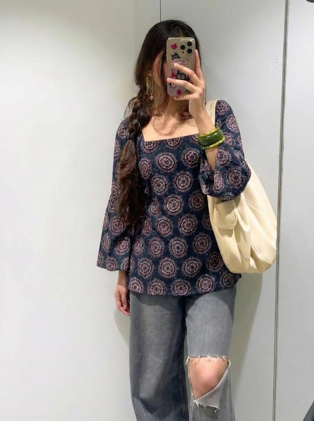 ANNI Designer Women’s Viscose Blend Printed Short Kurti | Straight Fit Casual Ethnic Top | Square Neck Full Sleeve Kurta Office College