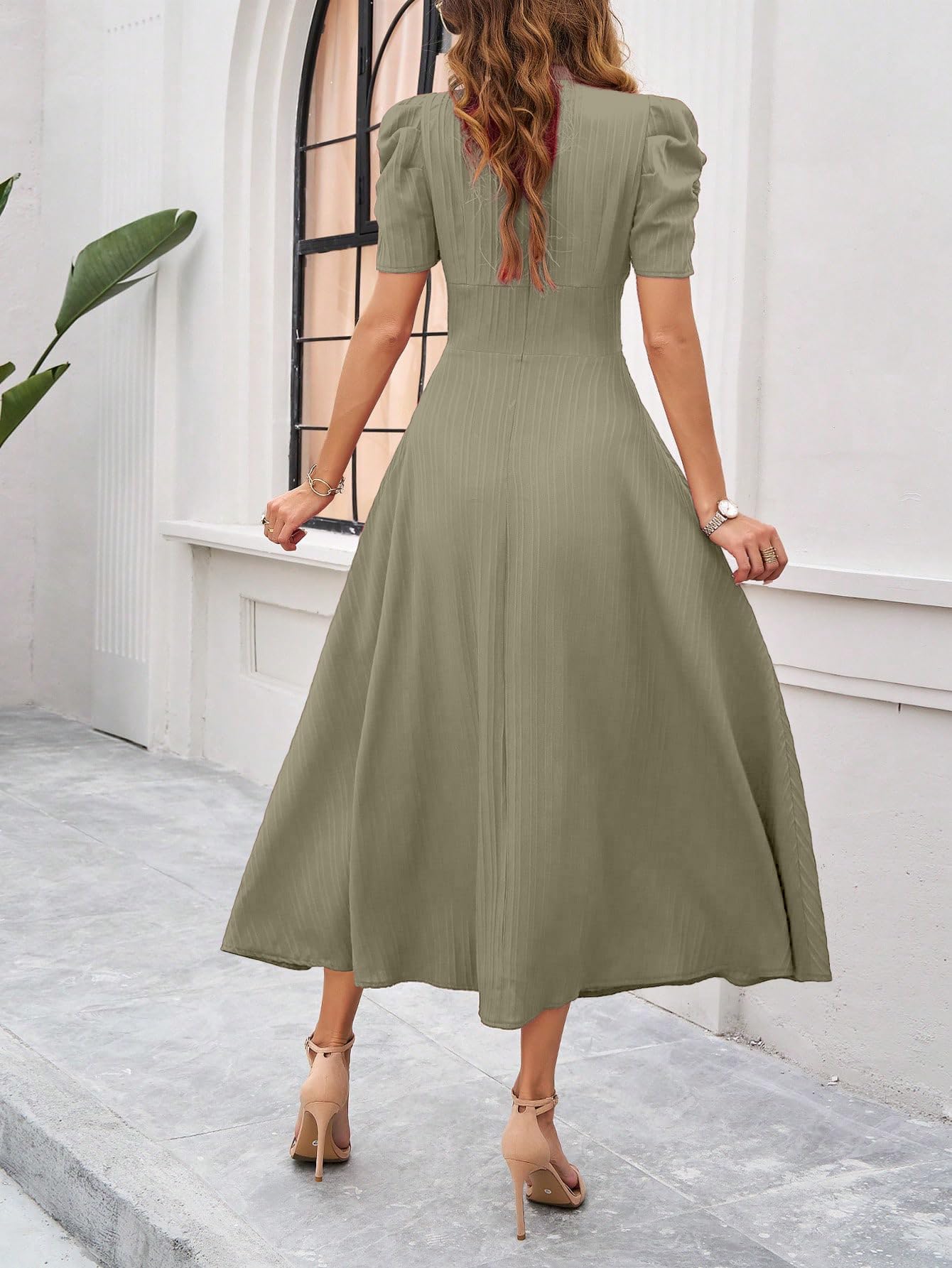 Shasmi Girl's & Women's Solid Color V-Neck A-Line Maxi Dress for Women | Waist Cinched Puff Sleeve Western | Elegant Casual Wear (Dress 246)