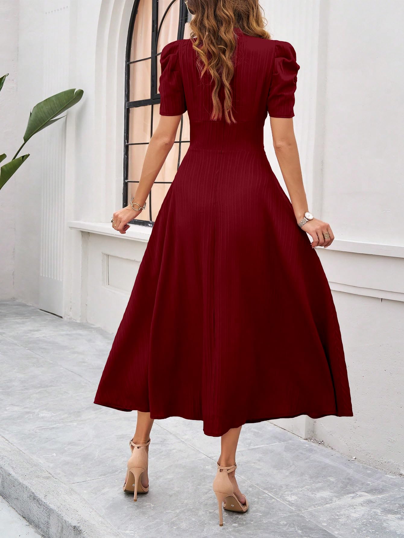 Shasmi Girl's & Women's Solid Color V-Neck A-Line Maxi Dress for Women | Waist Cinched Puff Sleeve Western | Elegant Casual Wear (Dress 246)