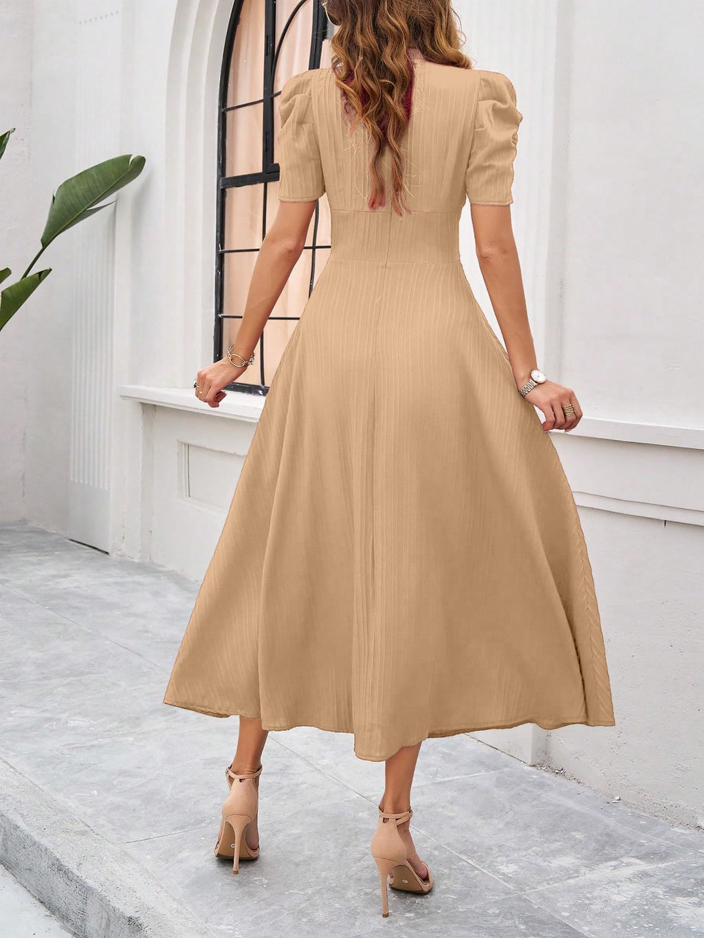 Shasmi Girl's & Women's Solid Color V-Neck A-Line Maxi Dress for Women | Waist Cinched Puff Sleeve Western | Elegant Casual Wear (Dress 246)