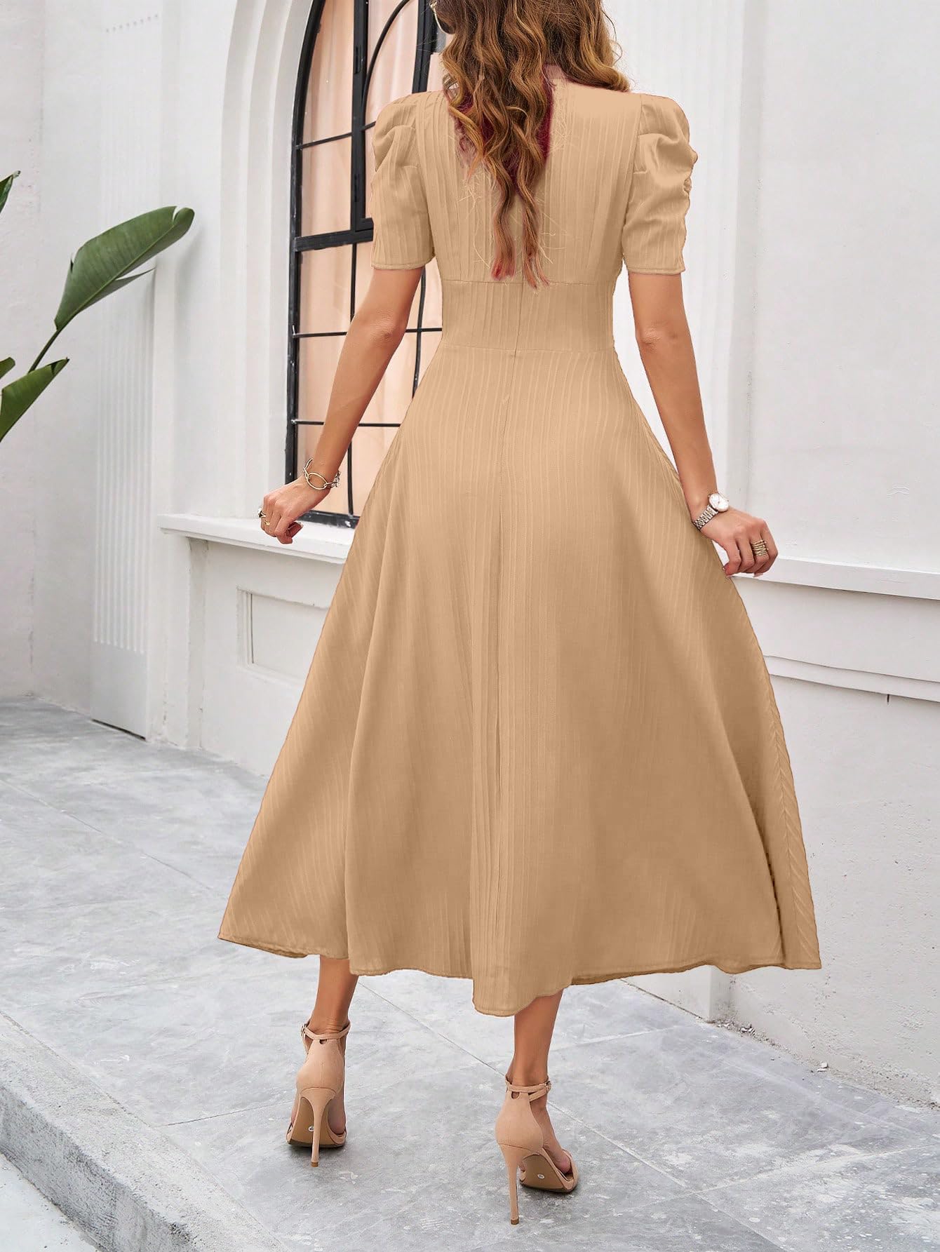 Shasmi Girl's & Women's Solid Color V-Neck A-Line Maxi Dress for Women | Waist Cinched Puff Sleeve Western | Elegant Casual Wear (Dress 246)