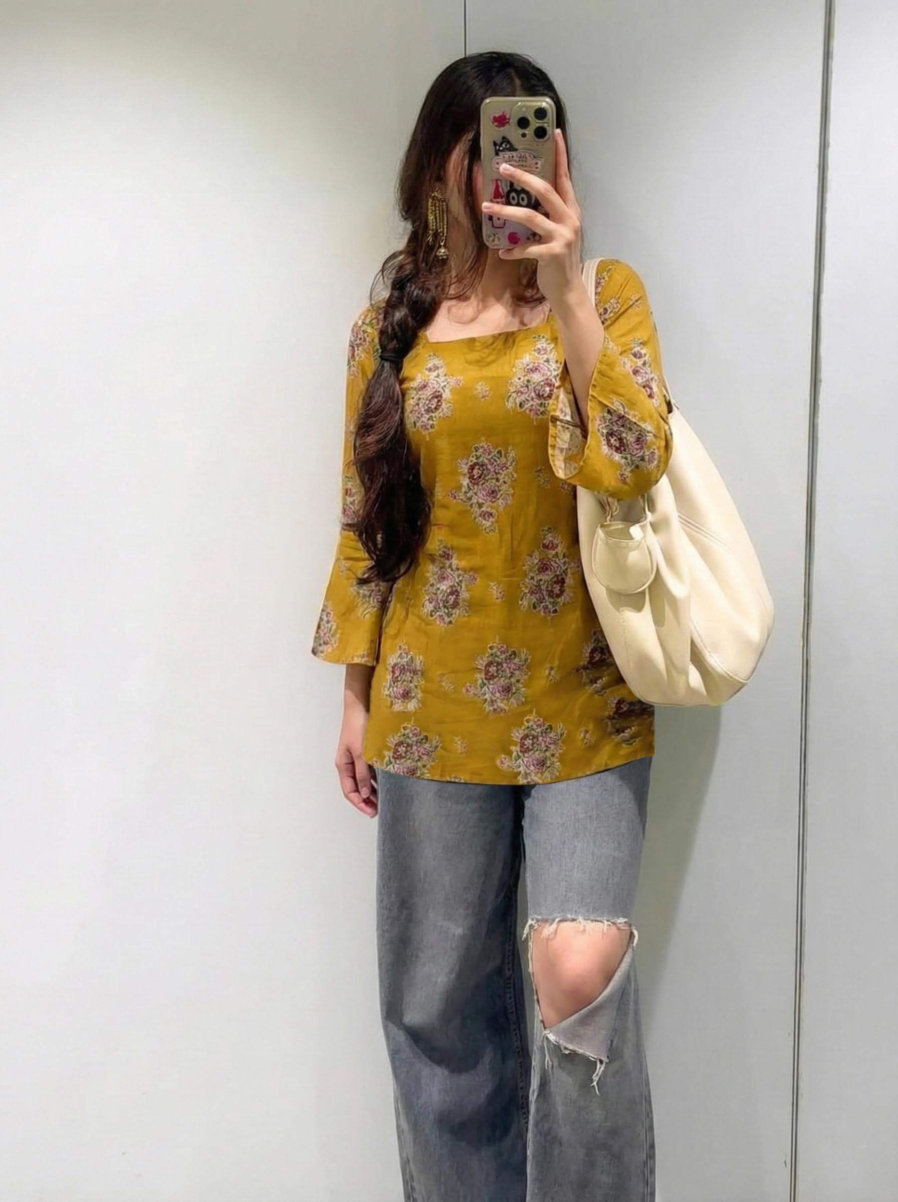 ANNI Designer Women’s Viscose Blend Printed Short Kurti | Straight Fit Casual Ethnic Top | Square Neck Full Sleeve Kurta Office College