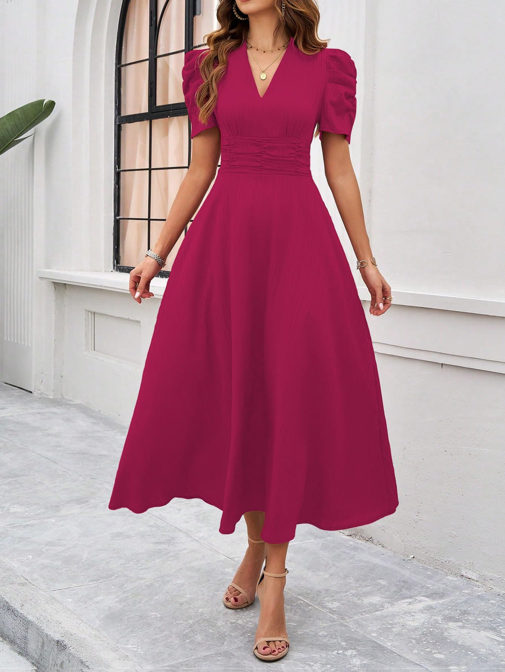 Shasmi Girl's & Women's Solid Color V-Neck A-Line Maxi Dress for Women | Waist Cinched Puff Sleeve Western | Elegant Casual Wear (Dress 246)
