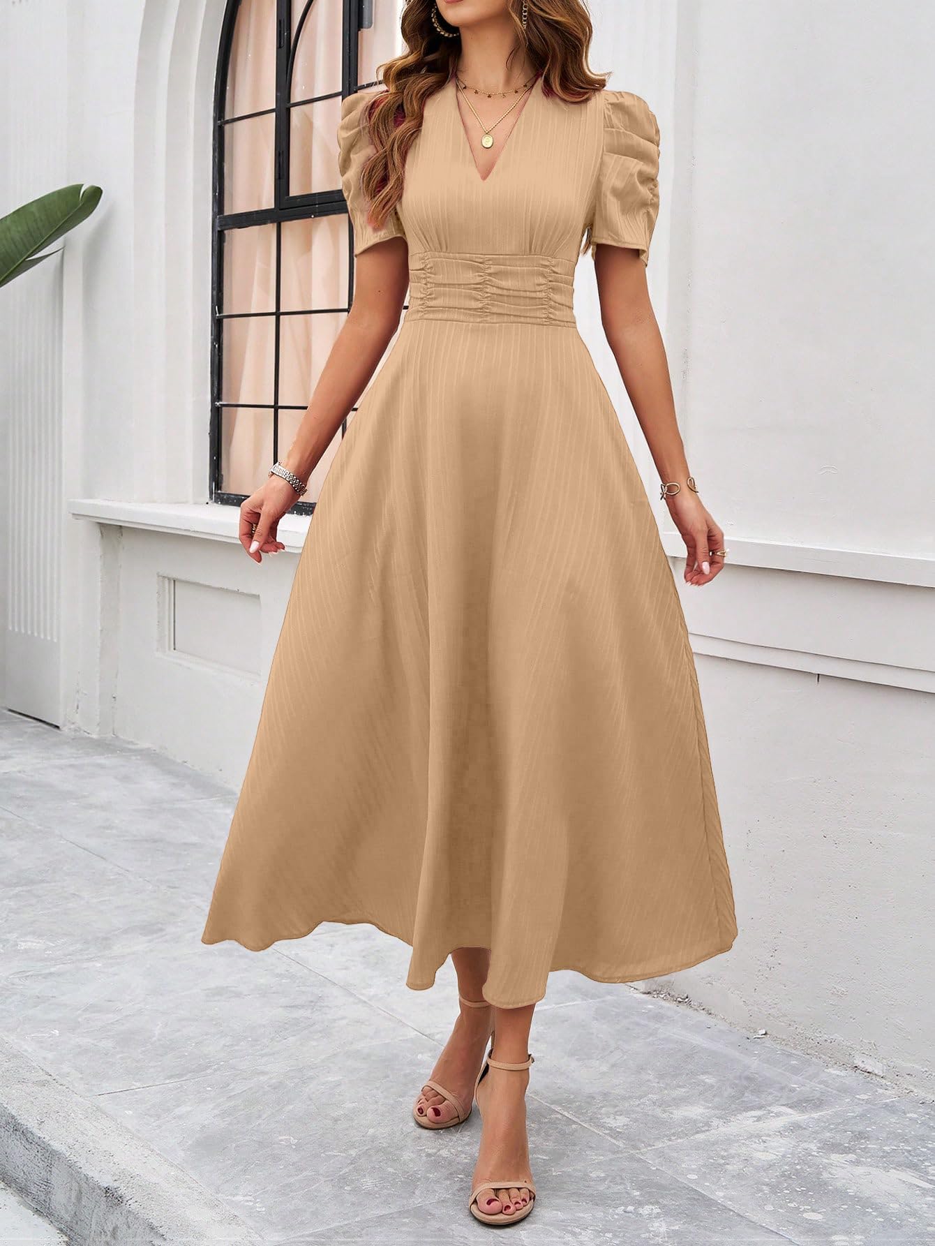 Shasmi Girl's & Women's Solid Color V-Neck A-Line Maxi Dress for Women | Waist Cinched Puff Sleeve Western | Elegant Casual Wear (Dress 246)