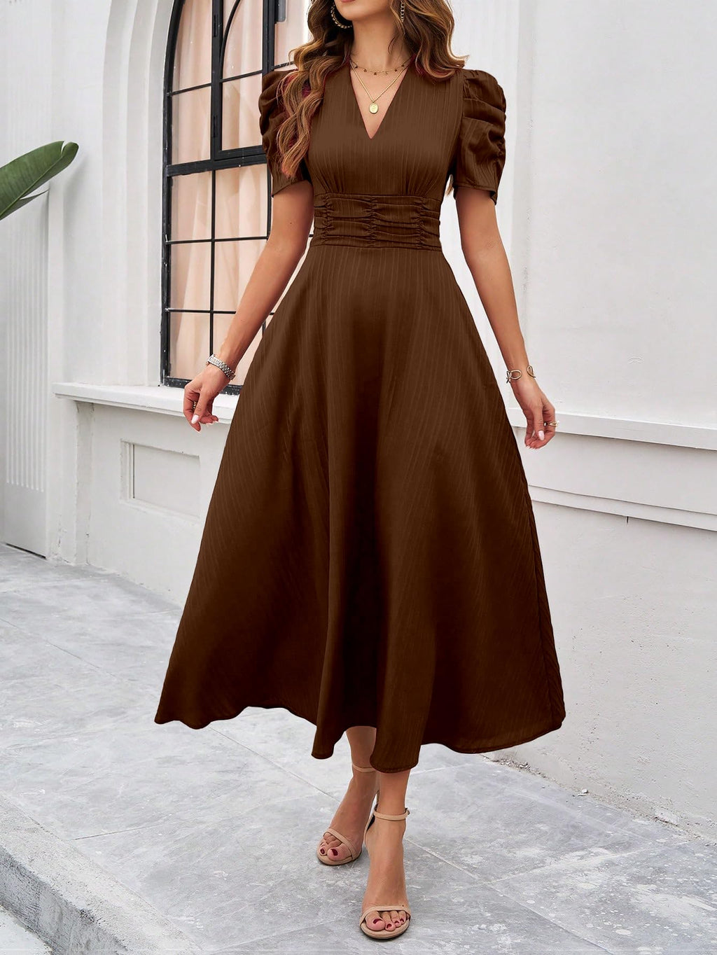 Shasmi Girl's & Women's Solid Color V-Neck A-Line Maxi Dress for Women | Waist Cinched Puff Sleeve Western | Elegant Casual Wear (Dress 246)