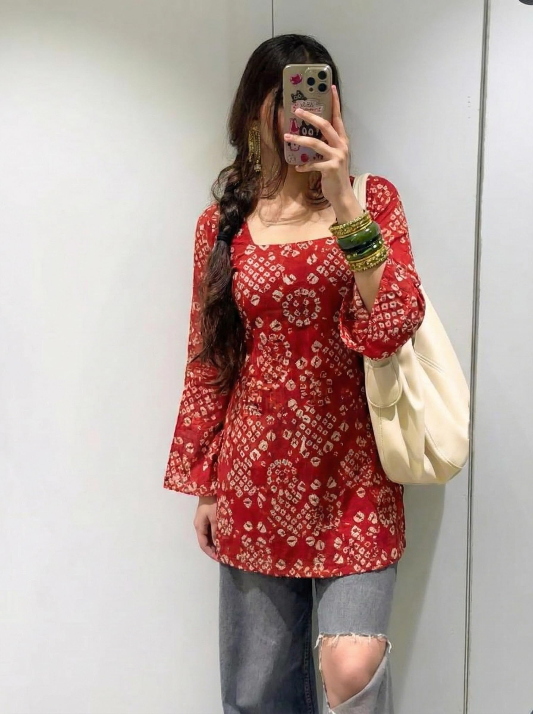 ANNI Designer Women’s Viscose Blend Printed Short Kurti | Straight Fit Casual Ethnic Top | Square Neck Full Sleeve Kurta Office College