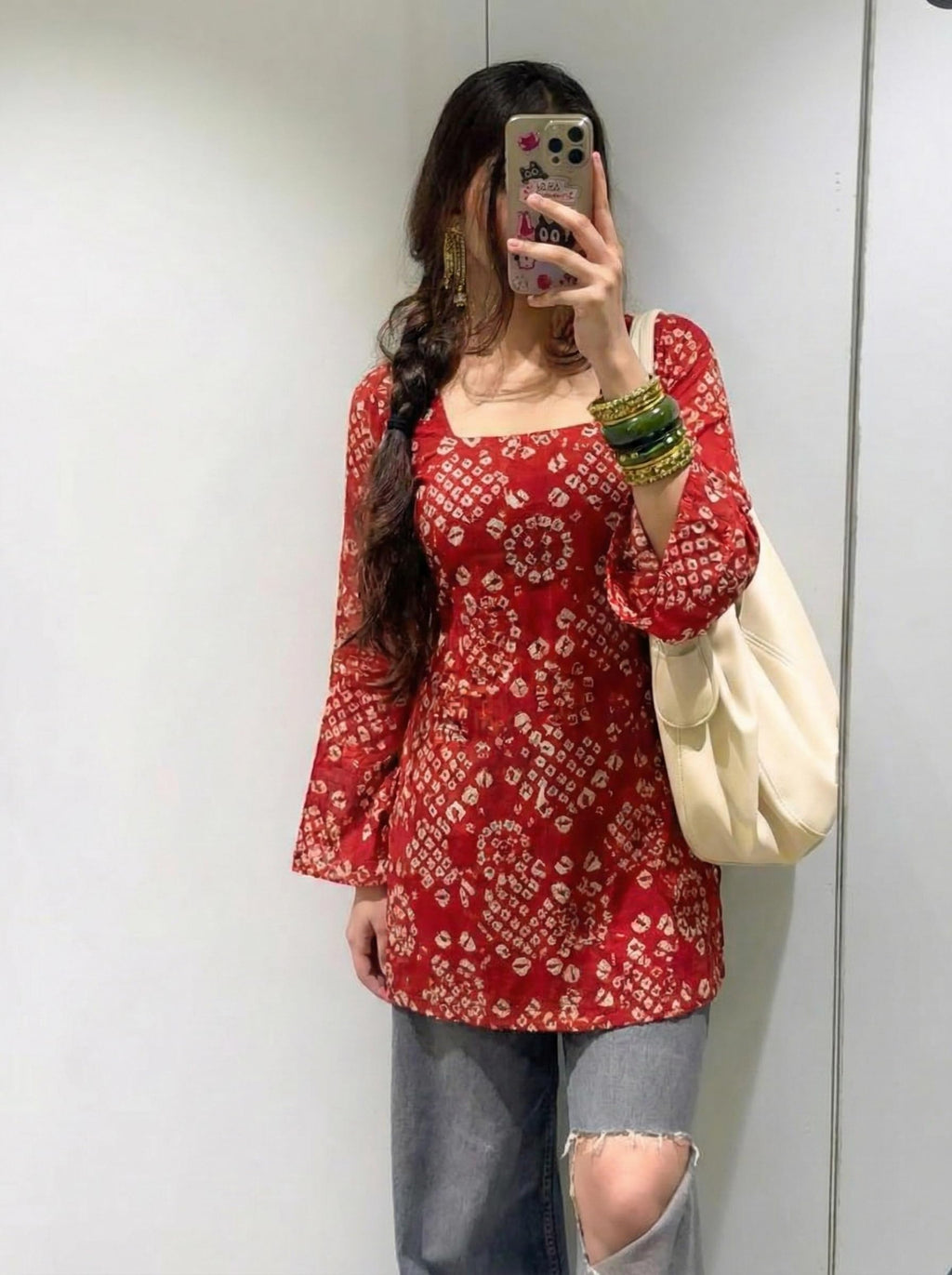 ANNI Designer Women’s Viscose Blend Printed Short Kurti | Straight Fit Casual Ethnic Top | Square Neck Full Sleeve Kurta Office College