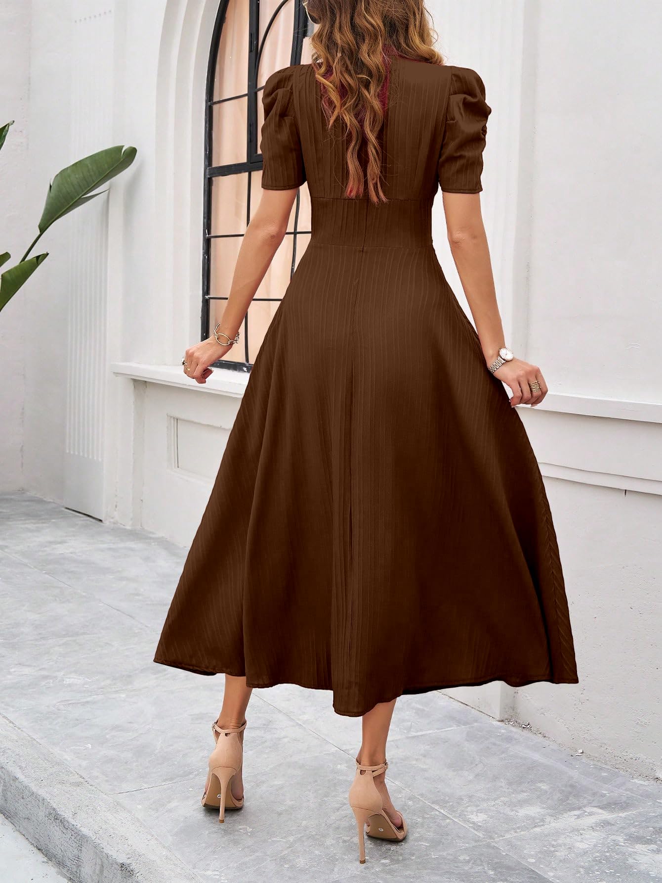 Shasmi Girl's & Women's Solid Color V-Neck A-Line Maxi Dress for Women | Waist Cinched Puff Sleeve Western | Elegant Casual Wear (Dress 246)