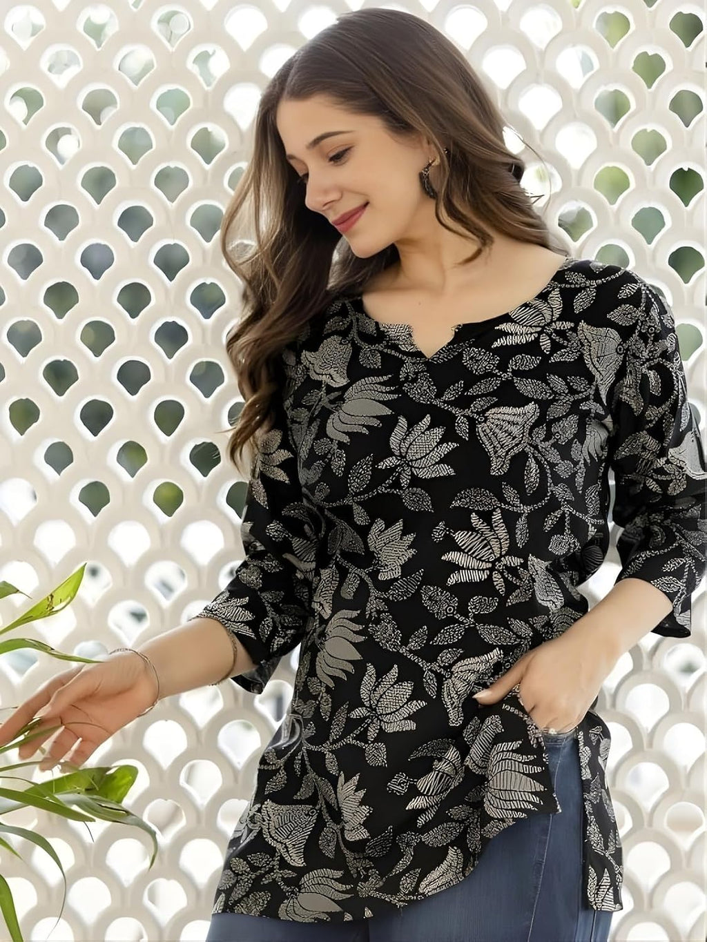 Women's Short Kurti in TOP Black Rayon Cotton Blend | Ladies Ethnic Tunic | Office