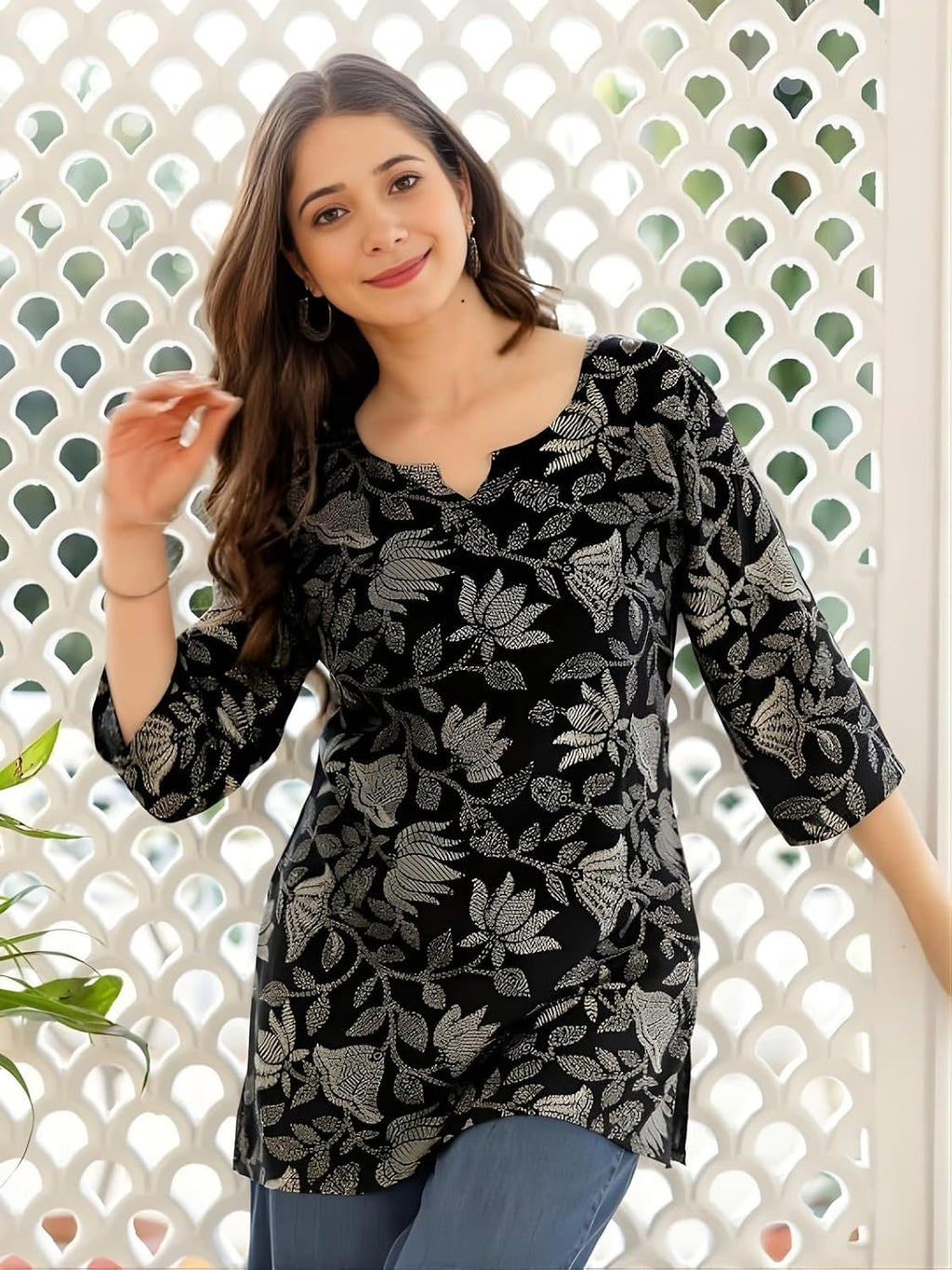 Women's Short Kurti in TOP Black Rayon Cotton Blend | Ladies Ethnic Tunic | Office