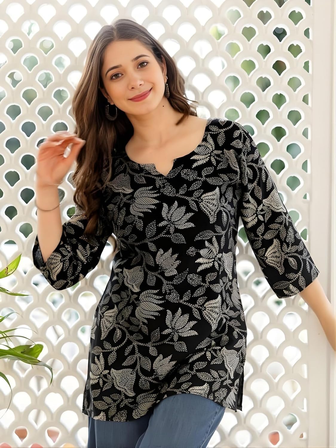 Women's Short Kurti in TOP Black Rayon Cotton Blend | Ladies Ethnic Tunic | Office